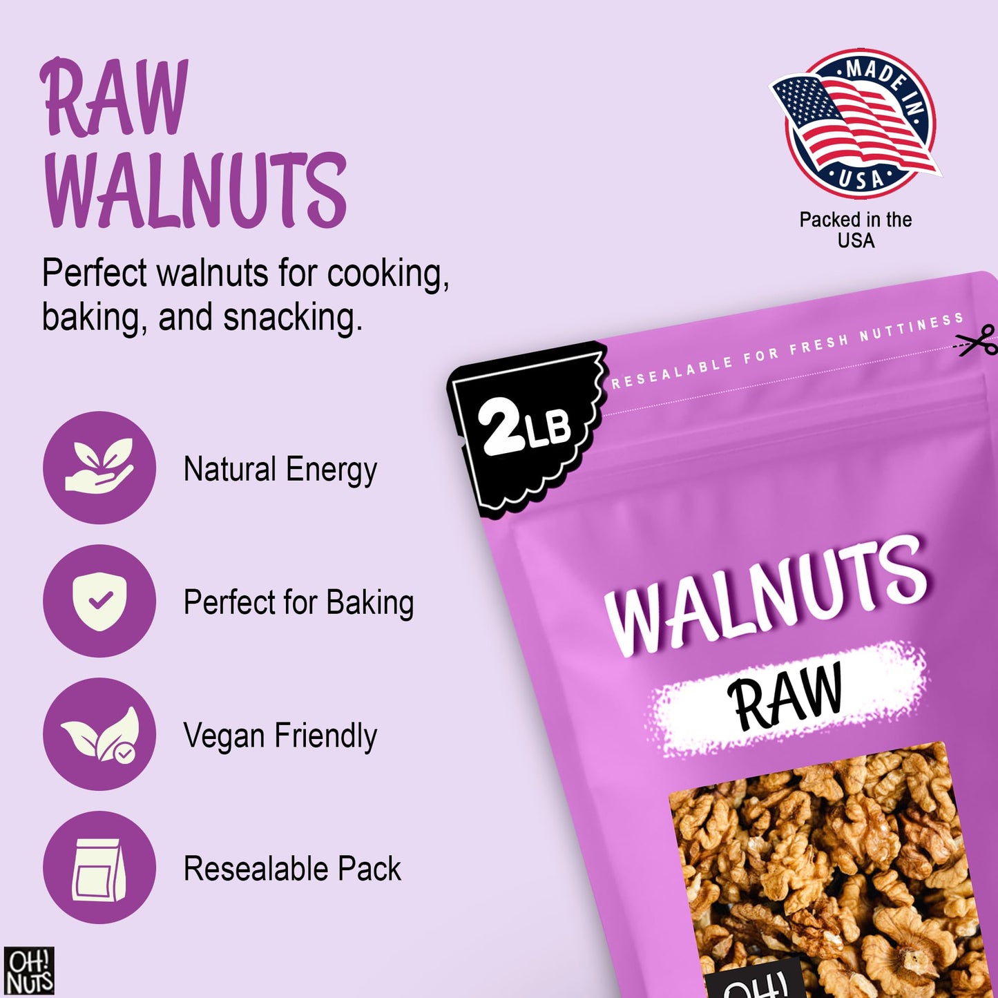 Oh! Nuts Organic Raw Walnuts 2lb Bulk Bag - Unshelled Healthy Mix of Chandler Halves & Pieces - Fresh & Healthy Keto Snacks - Chopped Nuts for Vegan