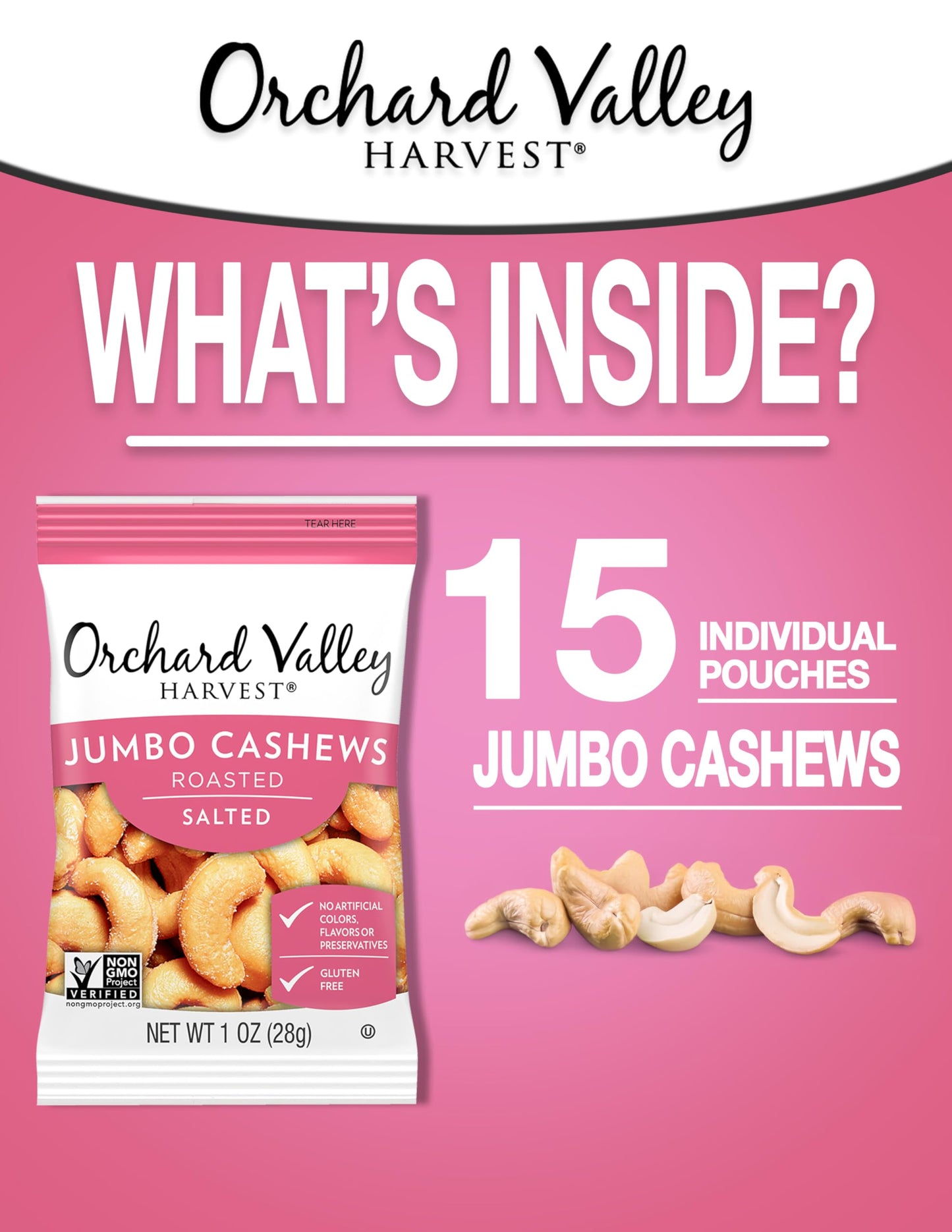 Orchard Valley Harvest Jumbo Cashews, 1 oz Bags (Pack of 15), Whole Roasted Salted Cashews, Gluten Free, No Artificial Colors or Flavors, Non-GMO*