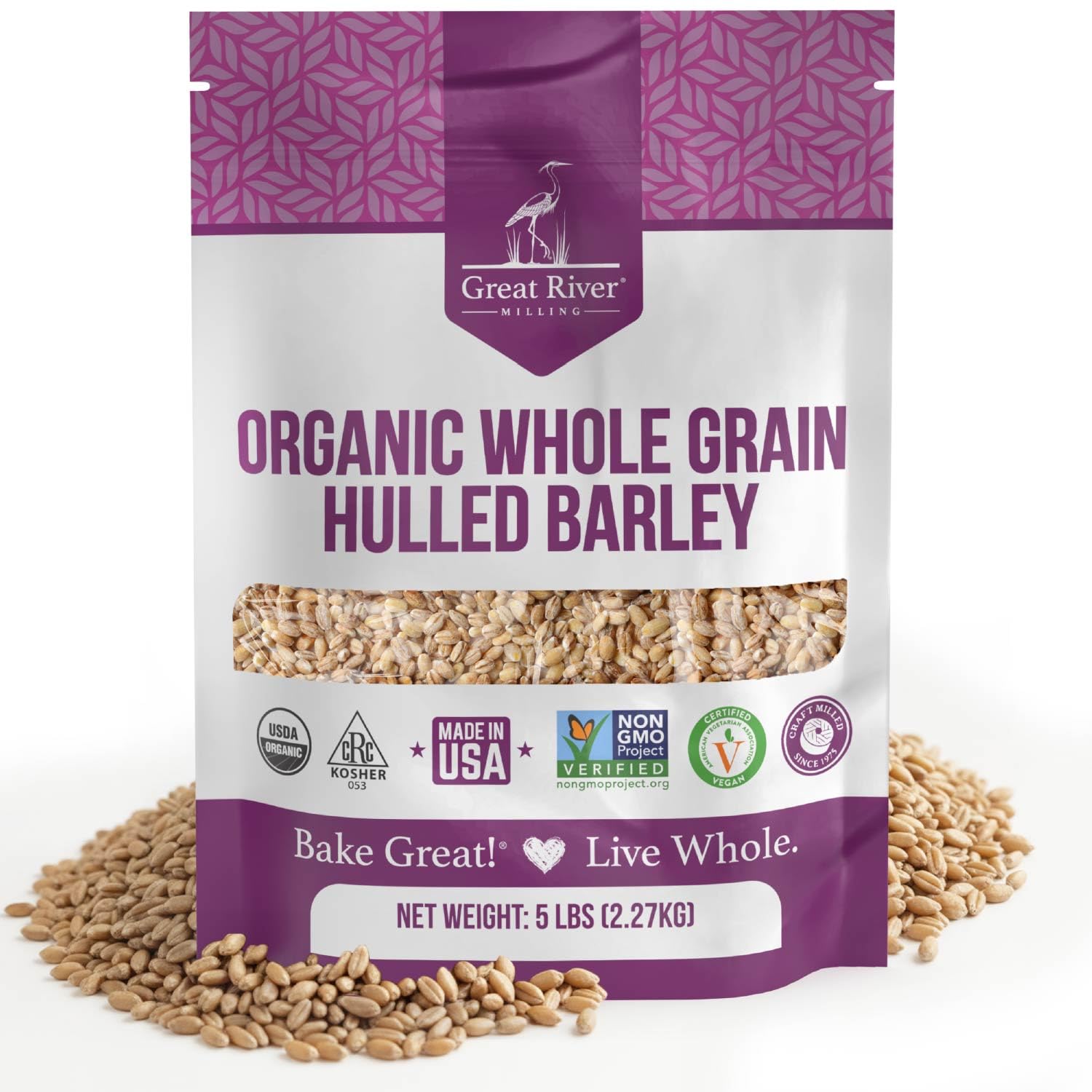 Great River Milling Organic Hulled Barley Grain | Whole Grain Barley for Home Milling, Cooking, and Baking | High Fiber, Non GMO, Kosher | 5 Lb