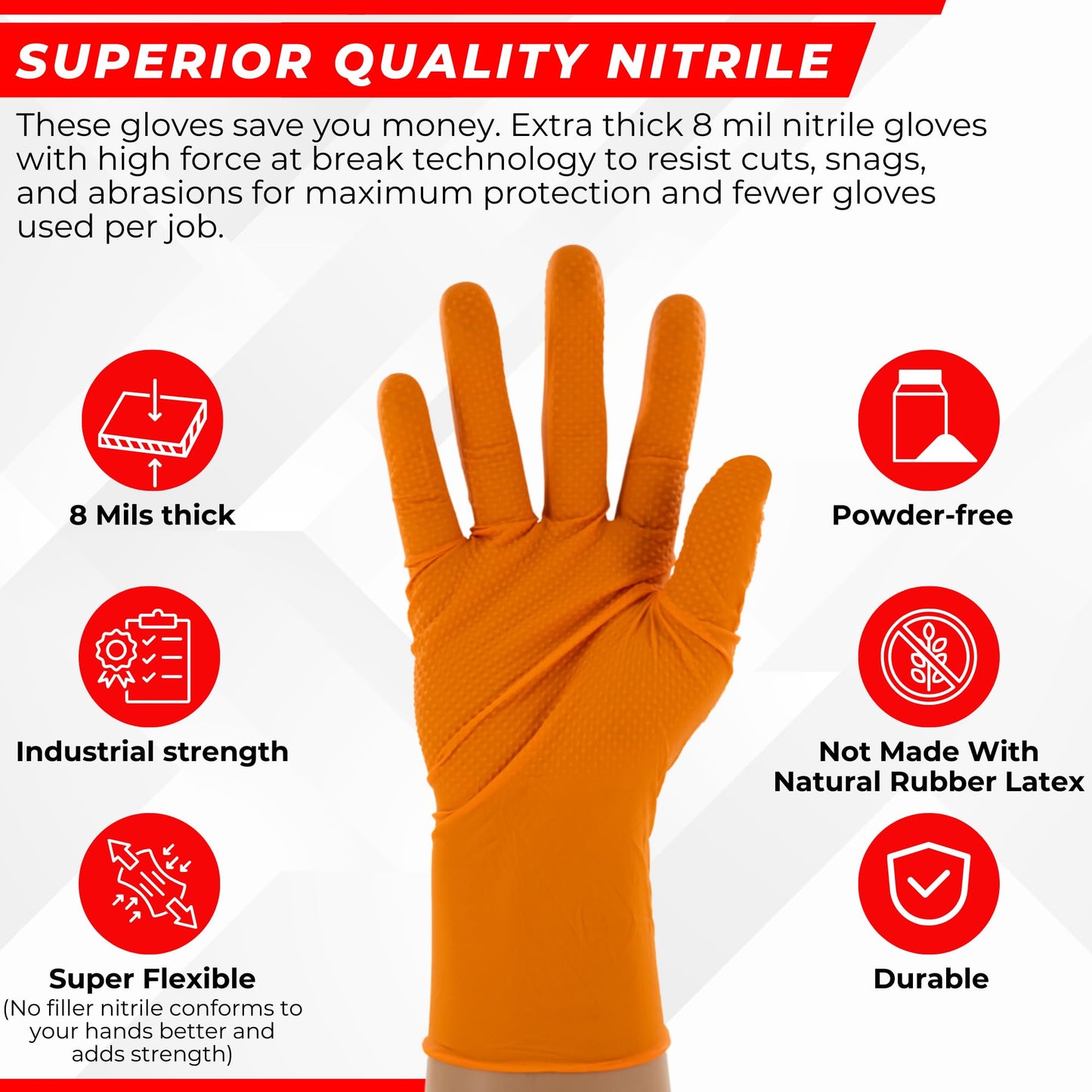 Copperhead HD Orange Nitrile Disposable Gloves, 8 Mil, Latex and Powder Free, Industrial, Food Safe, Raised Diamond Texture (Large, Case/1000)