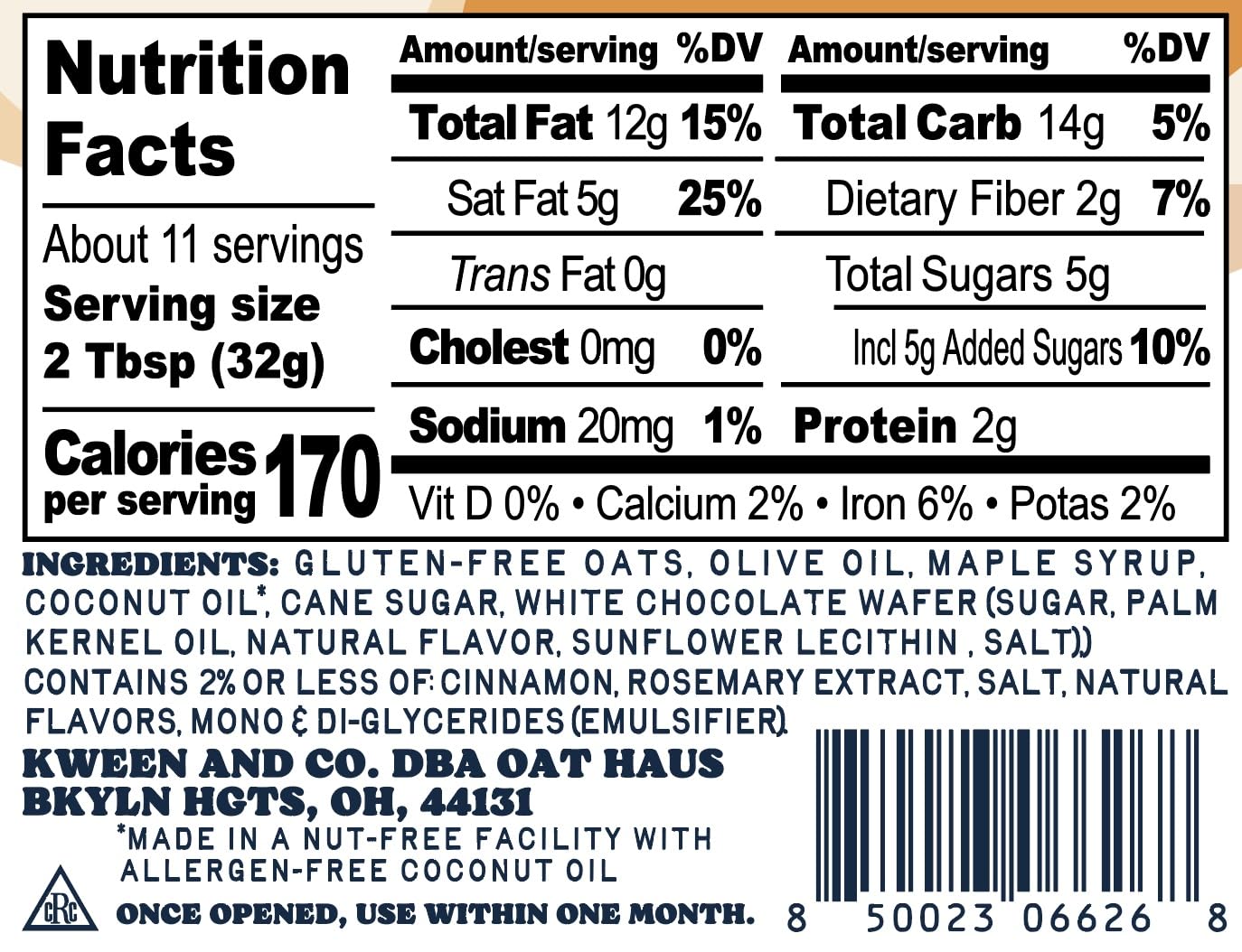 KWEEN Oat Haus Cinnamon Roll Granola Butter | Peanut-free, Almond (Tree-Nut) Free, & School-Safe (Top 8 Allergen Free) | Cookie Butter Alternative