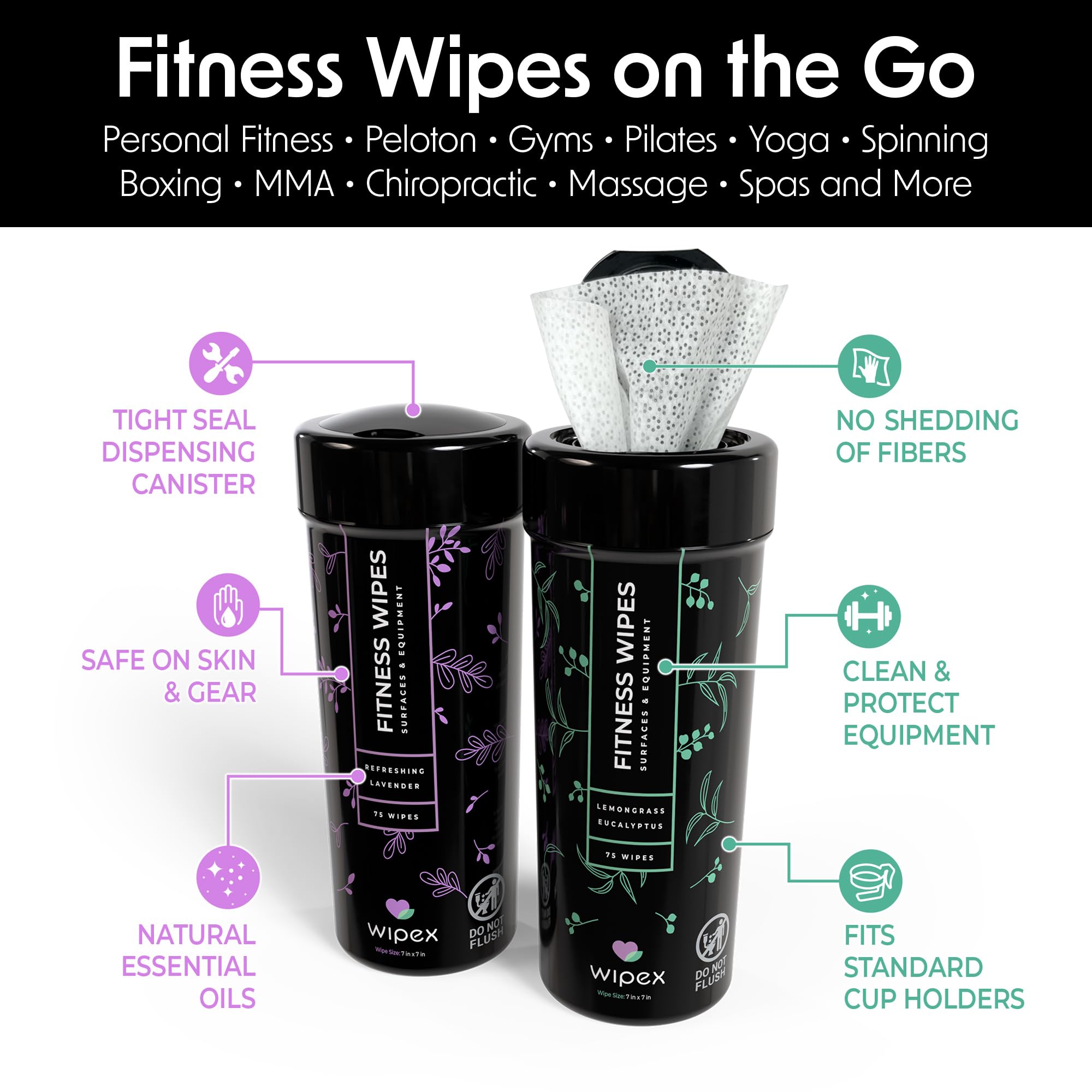 Wipex Fitness Equipment Wipes | Clean Gym Equipment, Yoga Mats, Peloton Bike Cleaner, Exercise Machine Wipes | Lemongrass, Eucalyptus, 75 Ct Canister