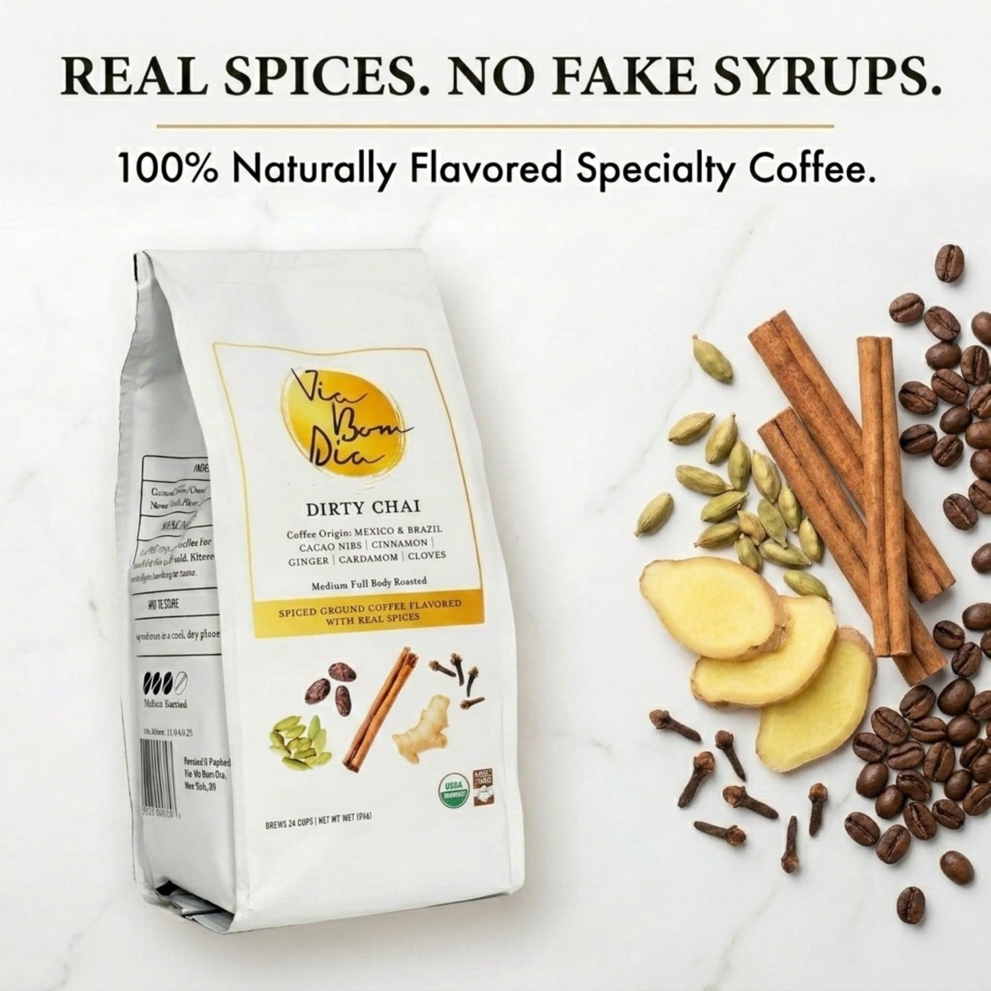 Via Bom Dia 100% Naturally Flavored Ground Coffee, Dirty Chai, Medium Roast, No Artificial Flavors, 12 oz. Bag