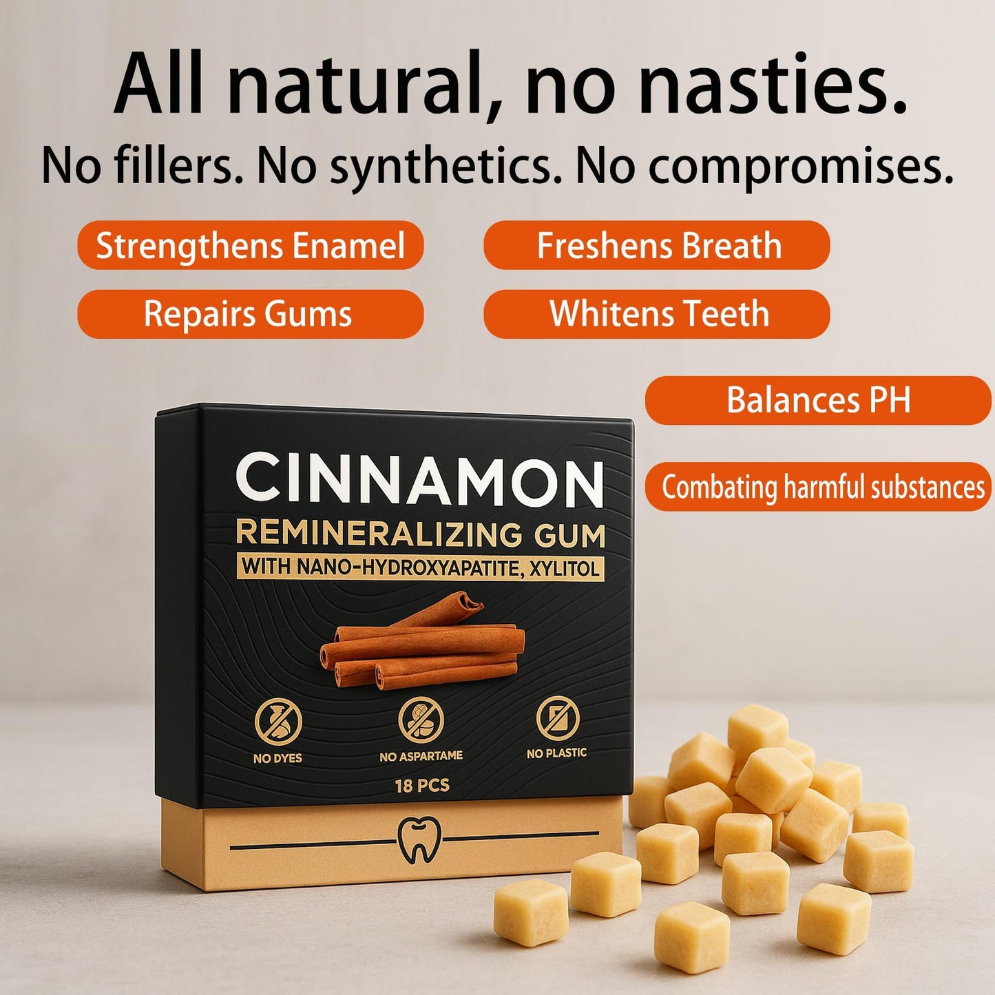 Cinnamon Remineralizing Gum with Nano Hydroxyapatite, Sugar-Free Xylitol and Tree Sap Blend for Daily Oral Freshness, Chewing Gum for Advanced Enamel