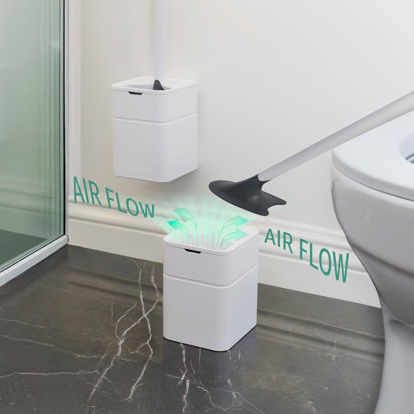 Broombi Sani-Flex Toilet Brush Squeegee and drip-Less Holder Set with a Patented Silicone Bristle-Free Head - no Mess, no clinging gunk or Poo, Super