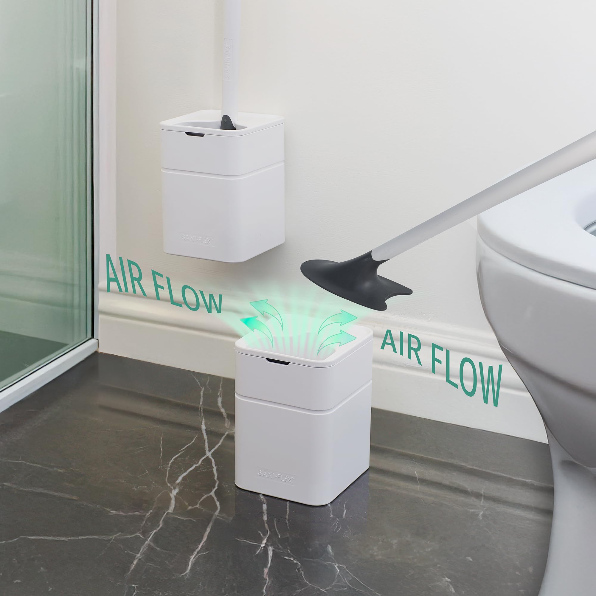 Broombi Sani-Flex Toilet Brush Squeegee and drip-Less Holder Set with a Patented Silicone Bristle-Free Head - no Mess, no clinging gunk or Poo, Super
