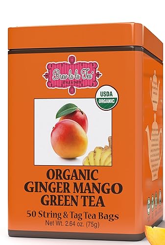 Brew La La Organic Green Tea - Ginger Mango Flavor - 50 Tea Bag Tin - Low Caffeine - USDA Certified Organic
