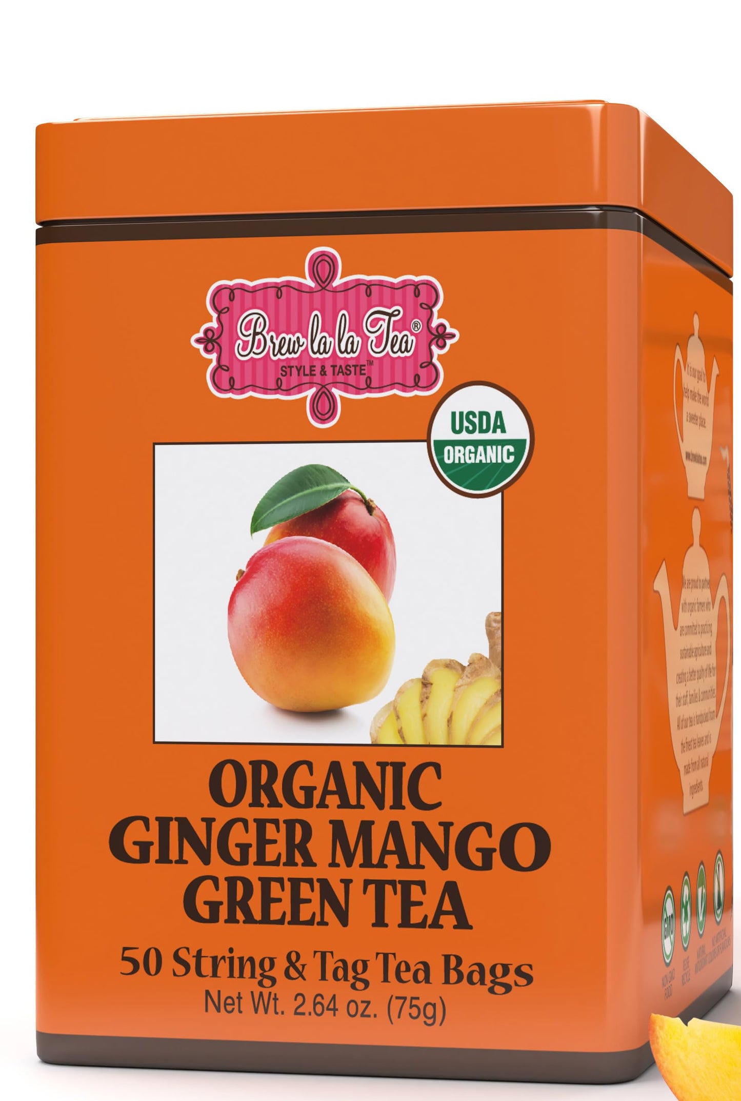 Brew La La Organic Green Tea - Ginger Mango Flavor - 50 Tea Bag Tin - Low Caffeine - USDA Certified Organic