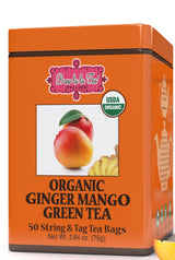 Brew La La Organic Green Tea - Ginger Mango Flavor - 50 Tea Bag Tin - Low Caffeine - USDA Certified Organic