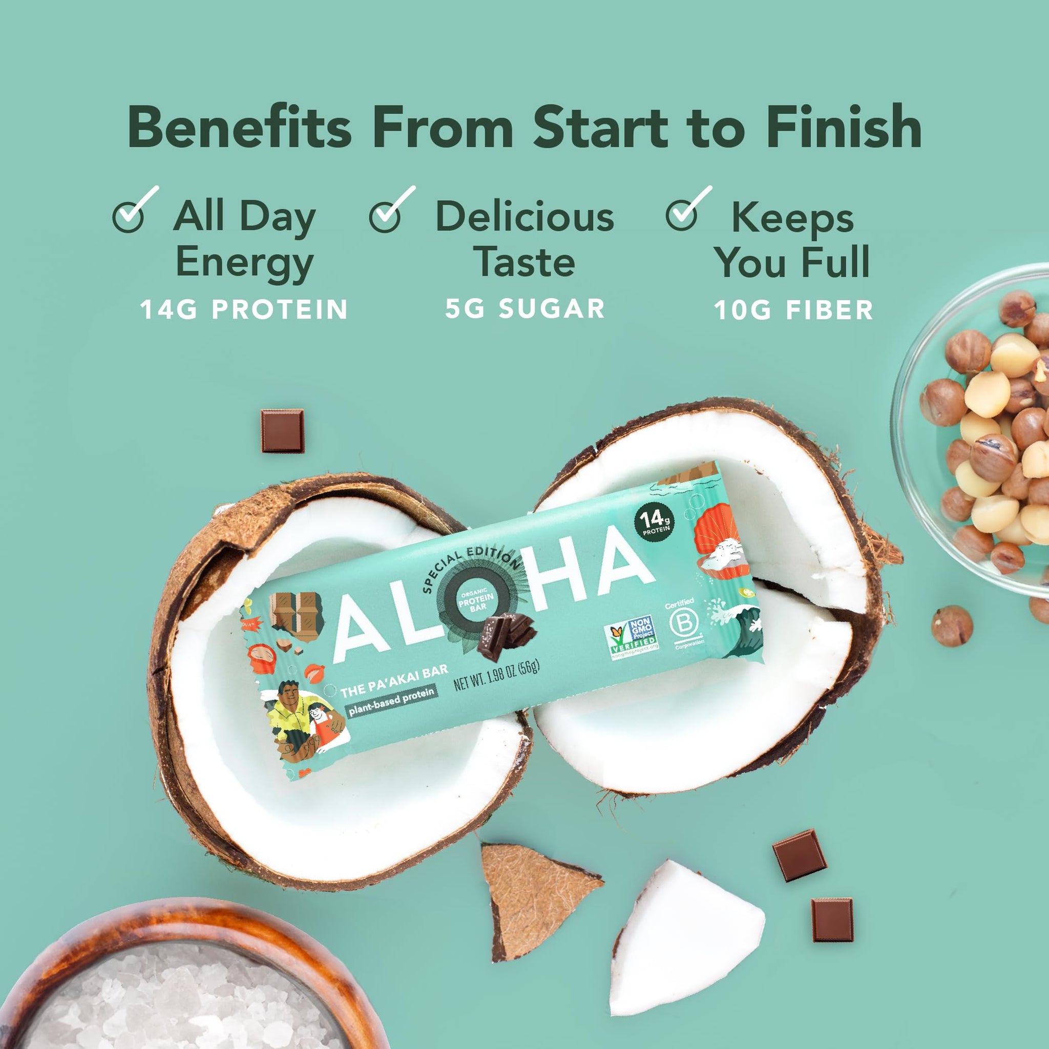 ALOHA Organic Plant Based Protein Bars | The Pa'akai Bar - Special Edition | 6 Count, 1.98oz Bars | Vegan, Low Sugar, Gluten Free, Paleo, Low Carb