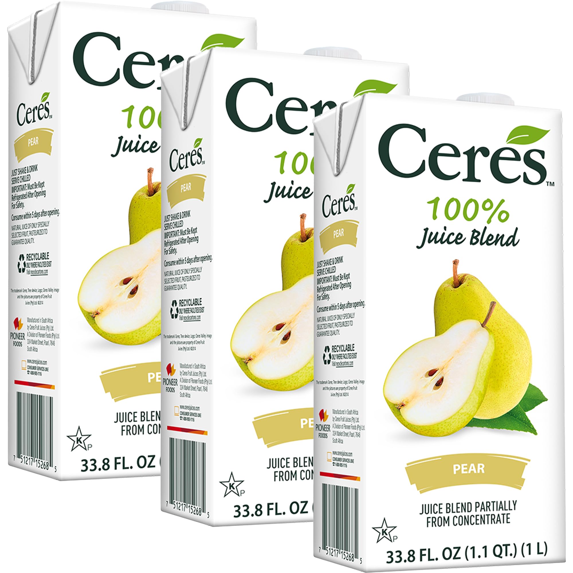 Ceres Pear Juice Blend, 3-Pack - - 100% Natural, Rich in Vitamin C, No Added Sugar, Artificial Colors, or Flavors, Kosher Certified, 33.8 Oz Ea (1