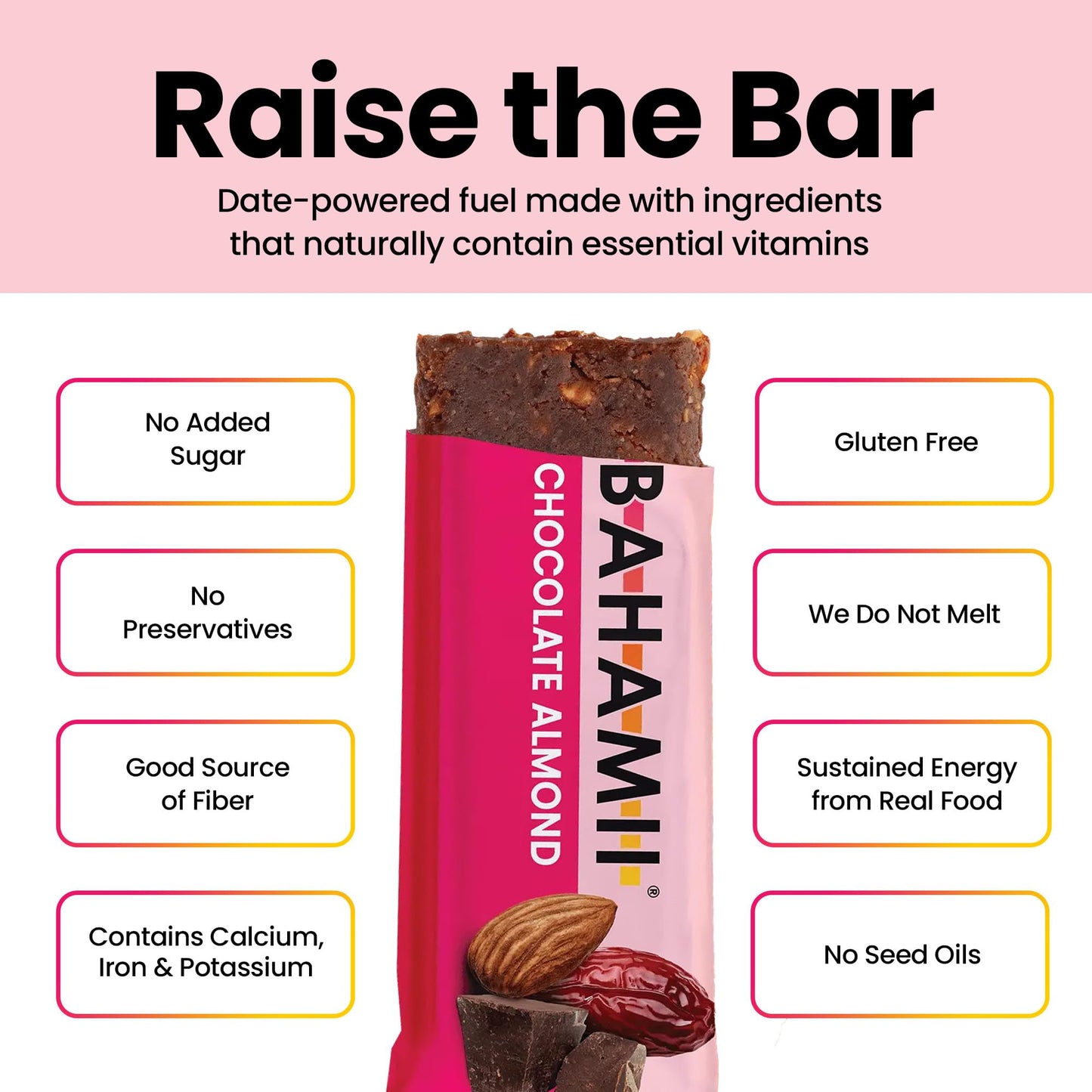 Bahamii Chocolate Almond Date and Energy Bars, Healthy Snacks and Breakfast Bars for Kids and Adults, No Sugar Added, Gluten Free, High Fiber, Vegan