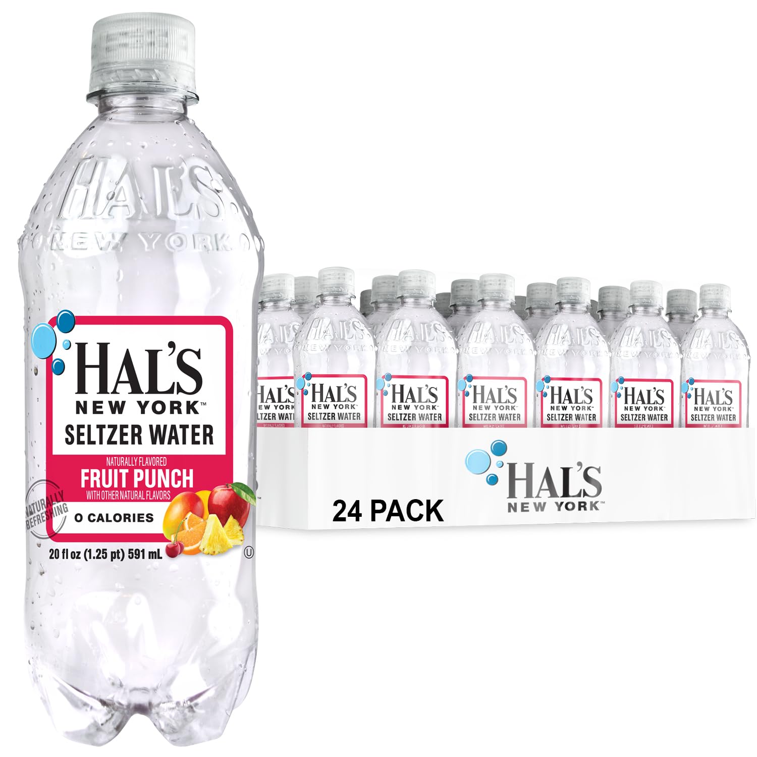 Hal's New York Seltzer Water, Fruit Punch Sparkling Water, 20 Fl Oz Bottle (Pack of 24)