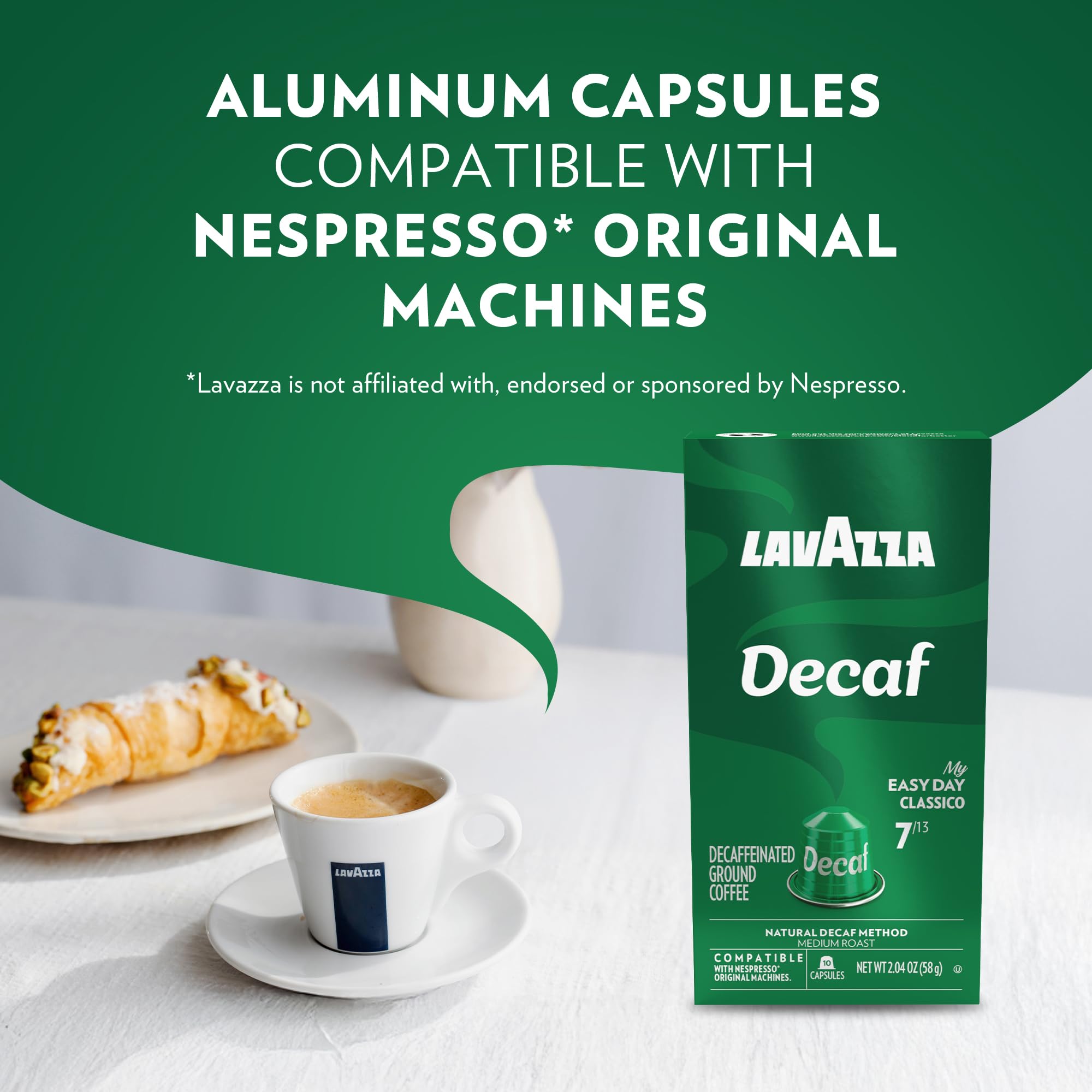 Lavazza Espresso Maestro Decaf (DEK) Aluminum Capsules Compatible with Nespresso* Original Machines, Medium Espresso Roast, Arabica and Robusta Blend