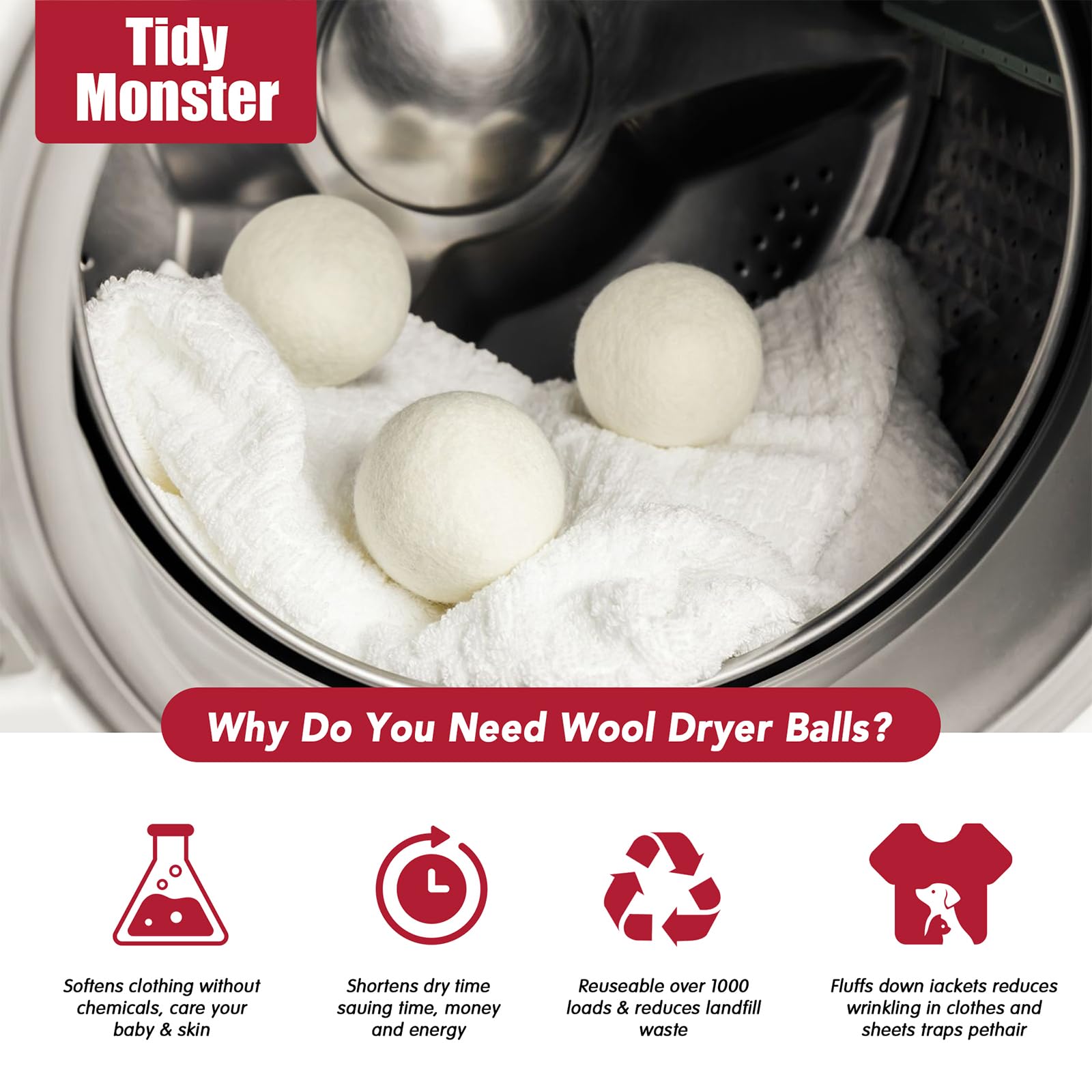 100% New Zealand Wool Dryer Balls XL Size - 6 Pack, Organic & Chemical-Free Fabric Softener, Baby Safe & Hypoallergenic, Reduces Static, Wrinkles