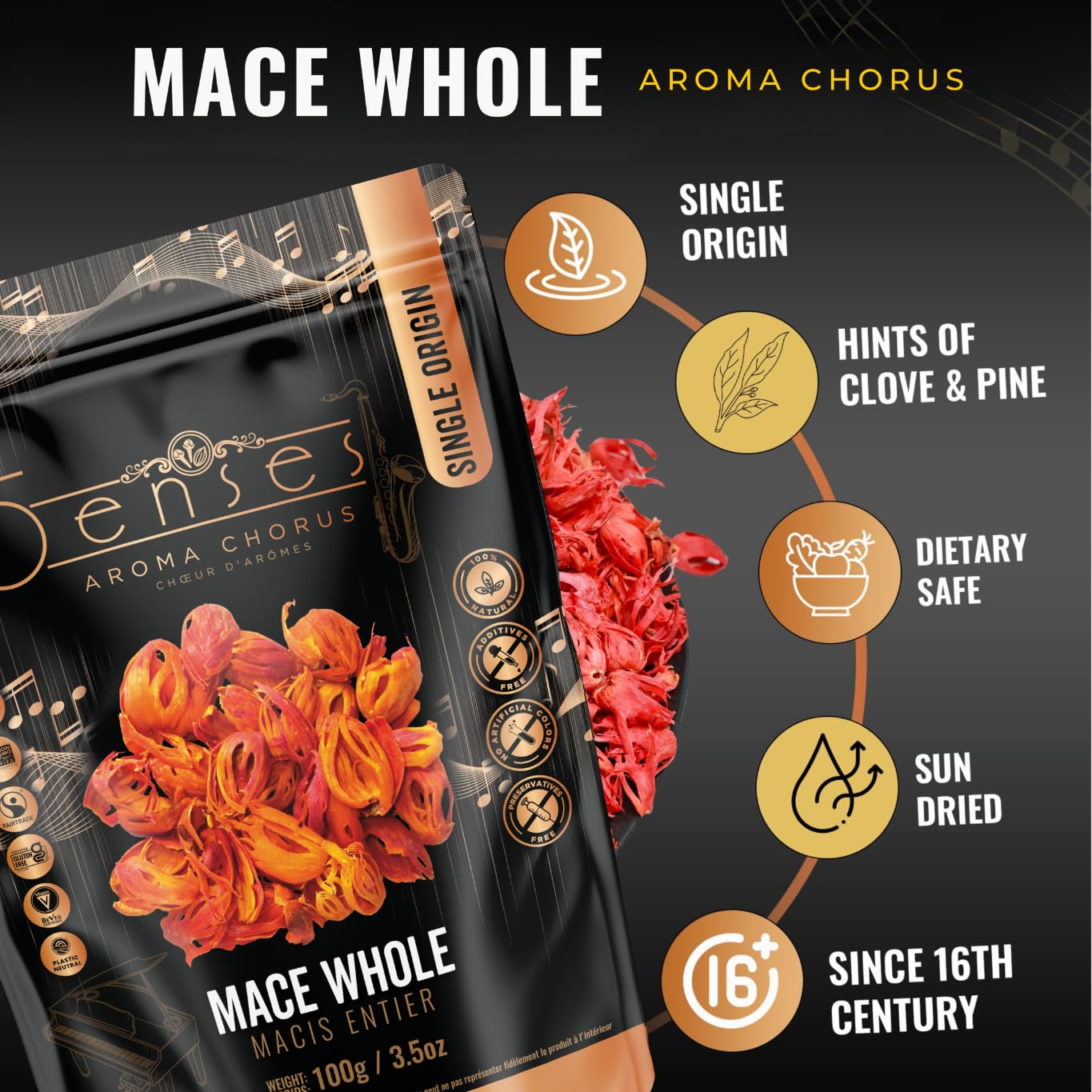 5Senses Whole Mace Spice | Javitri | Aroma Chorus | Single Origin, Non-GMO, Fairtrade | Premium Artisanal Whole Spice | Kosher, Vegan & Gluten-Free