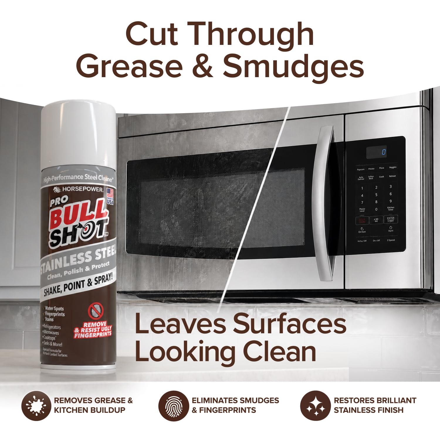 Horsepower Bull Shot Stainless Steel Cleaner Spray, As Seen On TV, Cleans, Polishes & Protects, Removes Greasy Fingerprints & Streaks