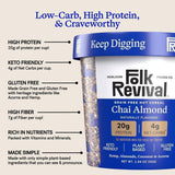 Folk Revival Chai Almond Keto Instant 'Oatmeal' - 20g Protein, 4g Net Carbs, High Fiber, Non GMO, Gluten Free, Made with Acorns - 6 Cups Per Case