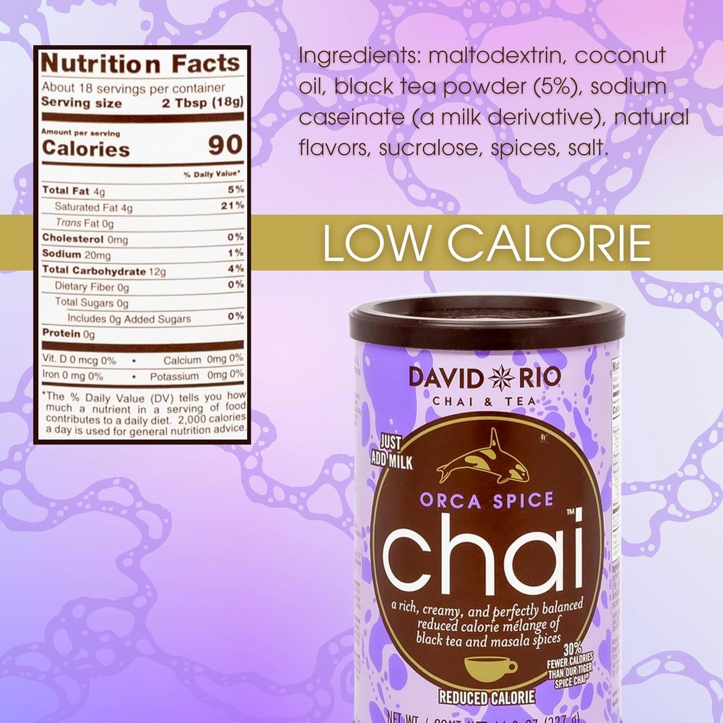 Orca Spice Reduced Calorie Chai Tea Latte Mix, 11.9 Oz, Black Tea, Organic Spices, Sugar Free, Dairy Free, Serve Hot or Cold, Just Add Water or Milk