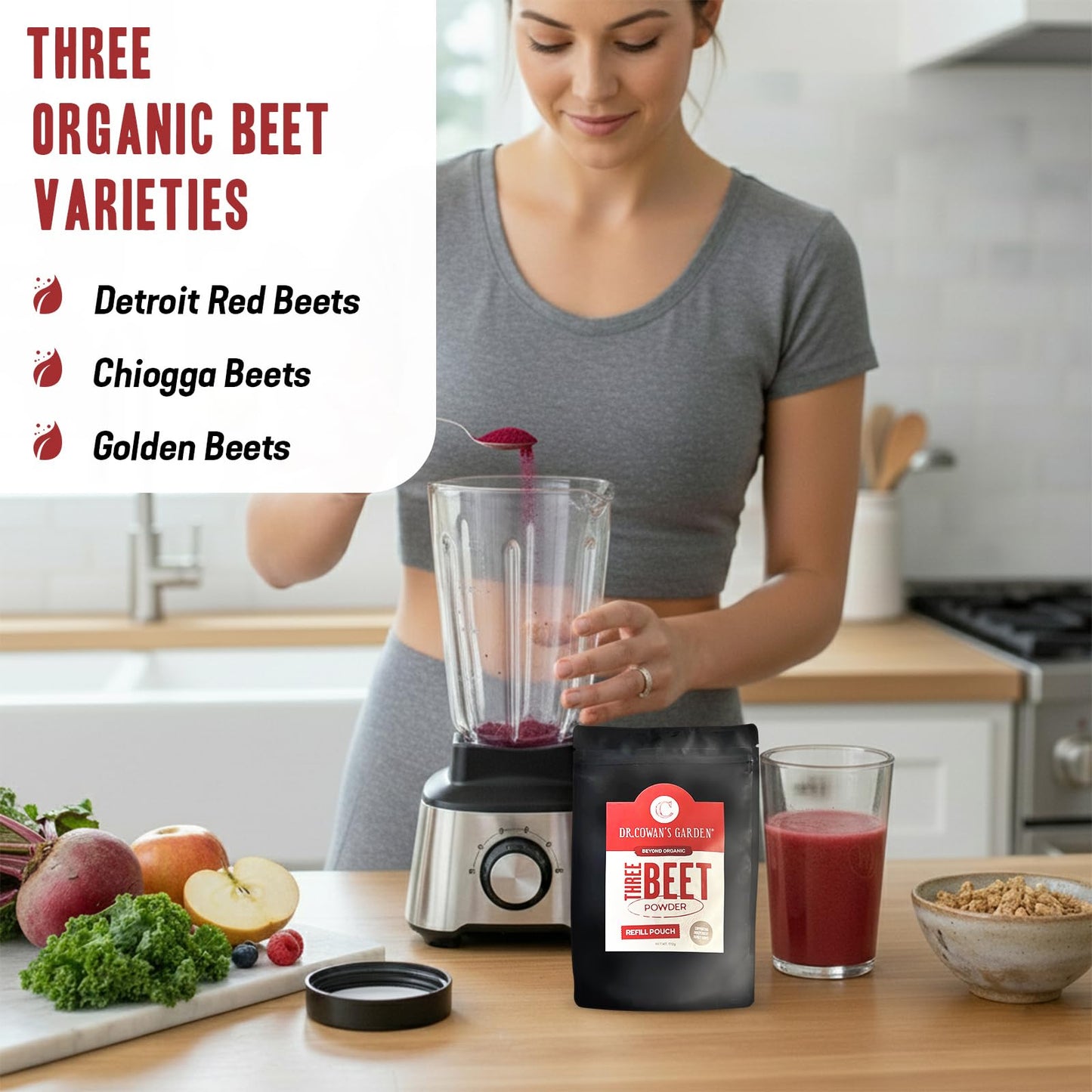 Dr. Cowan’s Garden Organic Three Beet Powder Refill Pouch - Certified Detroit Red, Chiogga & Golden Beets - USA Grown Beetroot Powder in Miron Glass