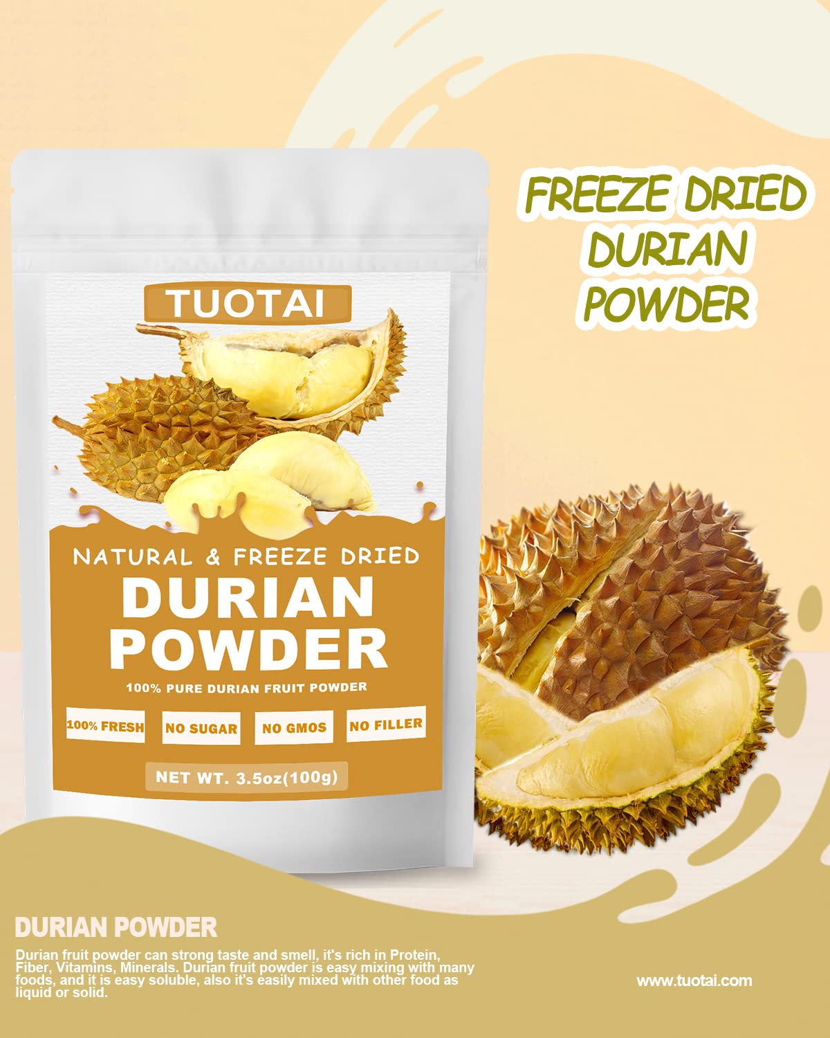 Nature Durian powder,Freeze Dried Durian Powder, 3.5 Ounces, Durian Fruit Powder for Smoothie, Drinks and Baking Food