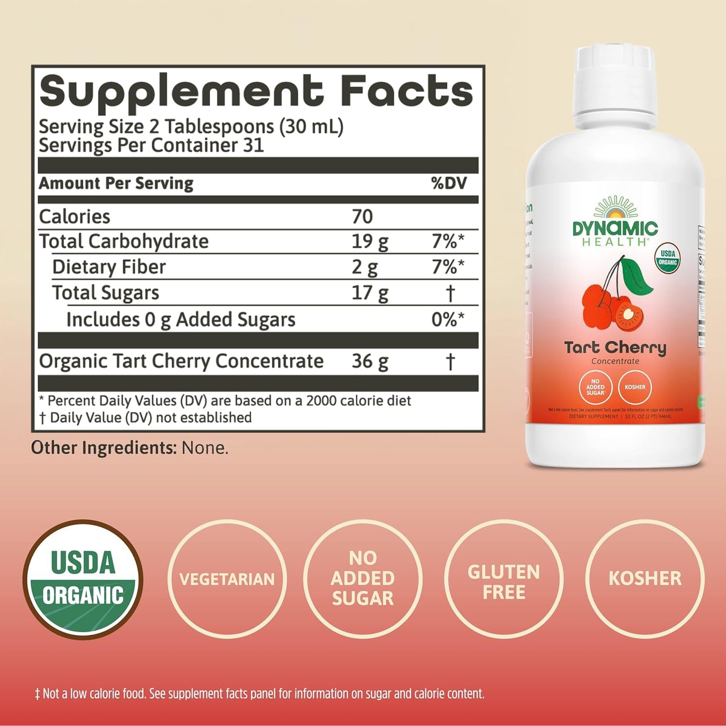 Dynamic Health Organic Tart Cherry Juice, Unsweetened 100% Juice Concentrate, Antioxidants Supplement, No Sweeteners or Additives, Vegan, Gluten Free