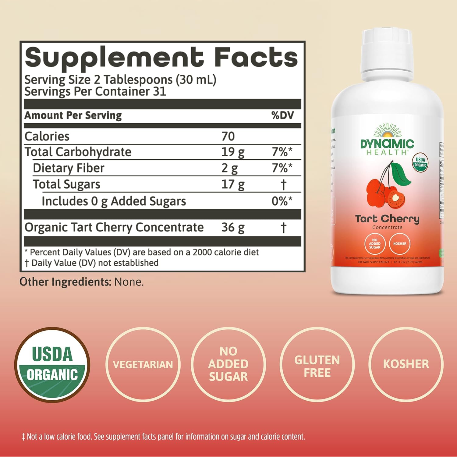 Dynamic Health Organic Tart Cherry Juice, Unsweetened 100% Juice Concentrate, Antioxidants Supplement, No Sweeteners or Additives, Vegan, Gluten Free