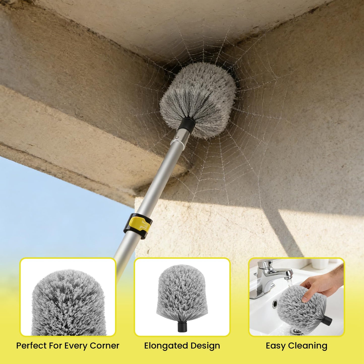 20FT High Reach Cobweb Duster with Extension Pole, Spider Web Brush for Cleaning with 3-12FT Telescopic Pole, 8" Larger Extendable Duster for High