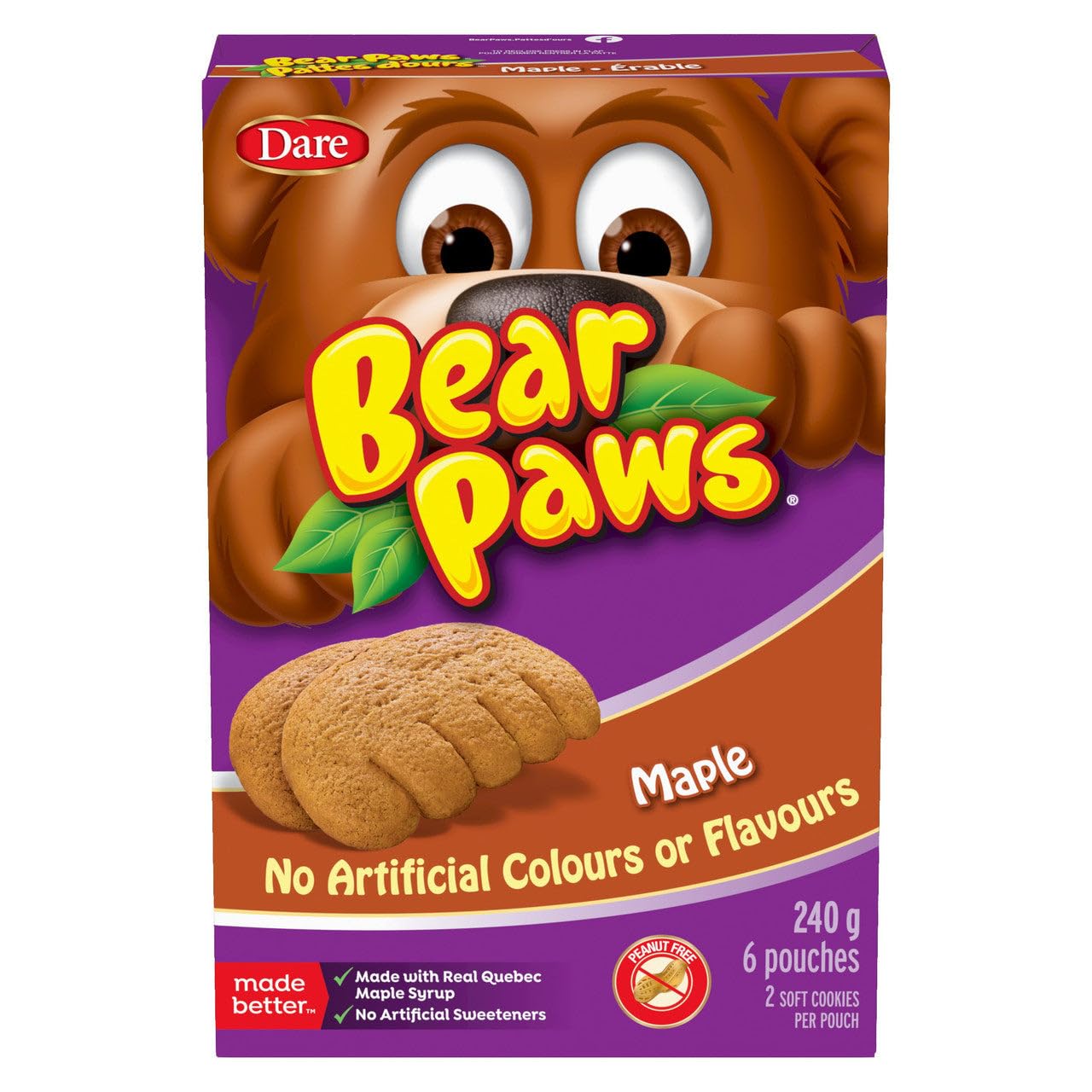 Bear Paws Maple - Peanut Free Portion Packed Kids Soft and Delicious Cookies with Real Quebec Maple Syrup 240g Single Pack