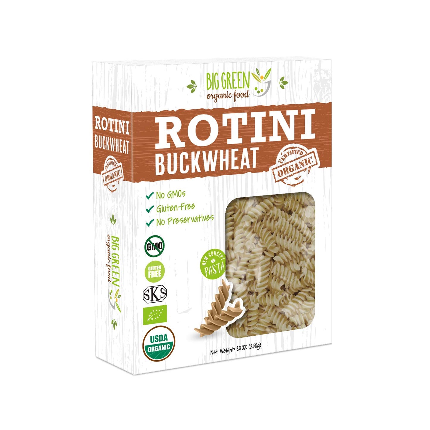 Big Green Organic Food- Organic Buckwheat Rotini, 8.8oz, 100% buckwheat, Gluten-Free, Non-GMO, Vegan (3)