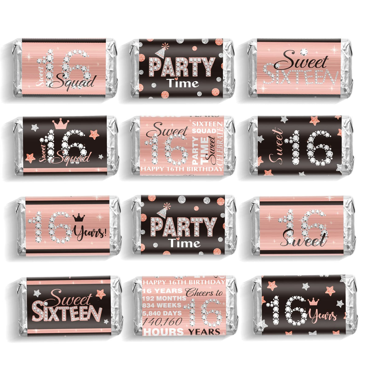 Zonon 180 Pcs Sweet 16 Birthday Candy Bar Wrappers, Mini Chocolate Stickers