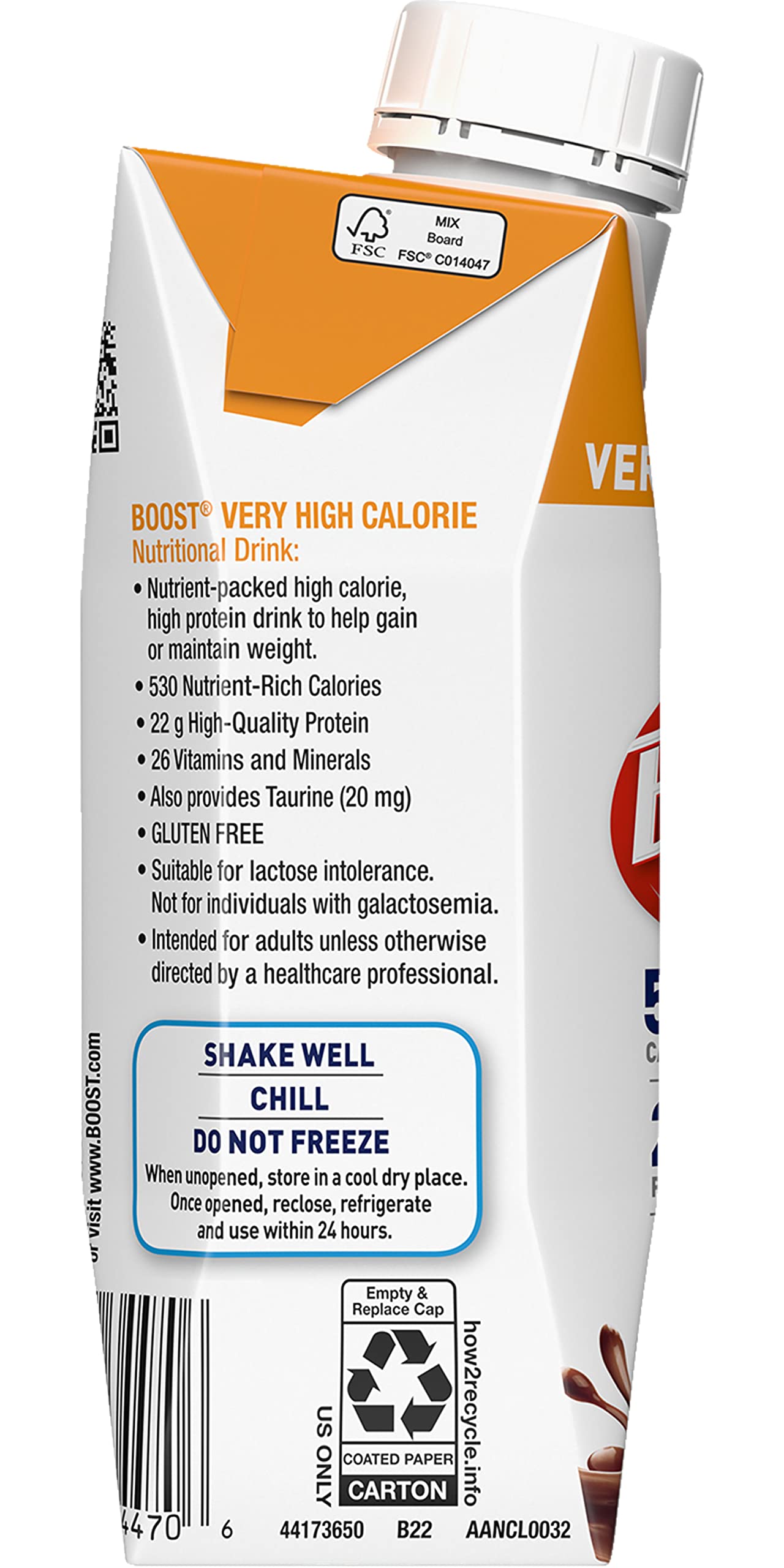 Boost Very High Calorie Nutritional Drink Very Vanilla, Made with Natural Chocolate Flavor & No Artificial Flavors, Colors & Sweeteners, 8 FL OZ (Pack