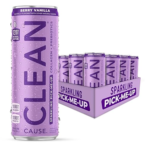 CLEAN Cause Berry Vanilla Sparkling Pick-Me-Up with Prebiotics & Collagen Peptides (12oz cans, 12-Pack Case) Low Sugar, 120mg Caffeine, Healthy