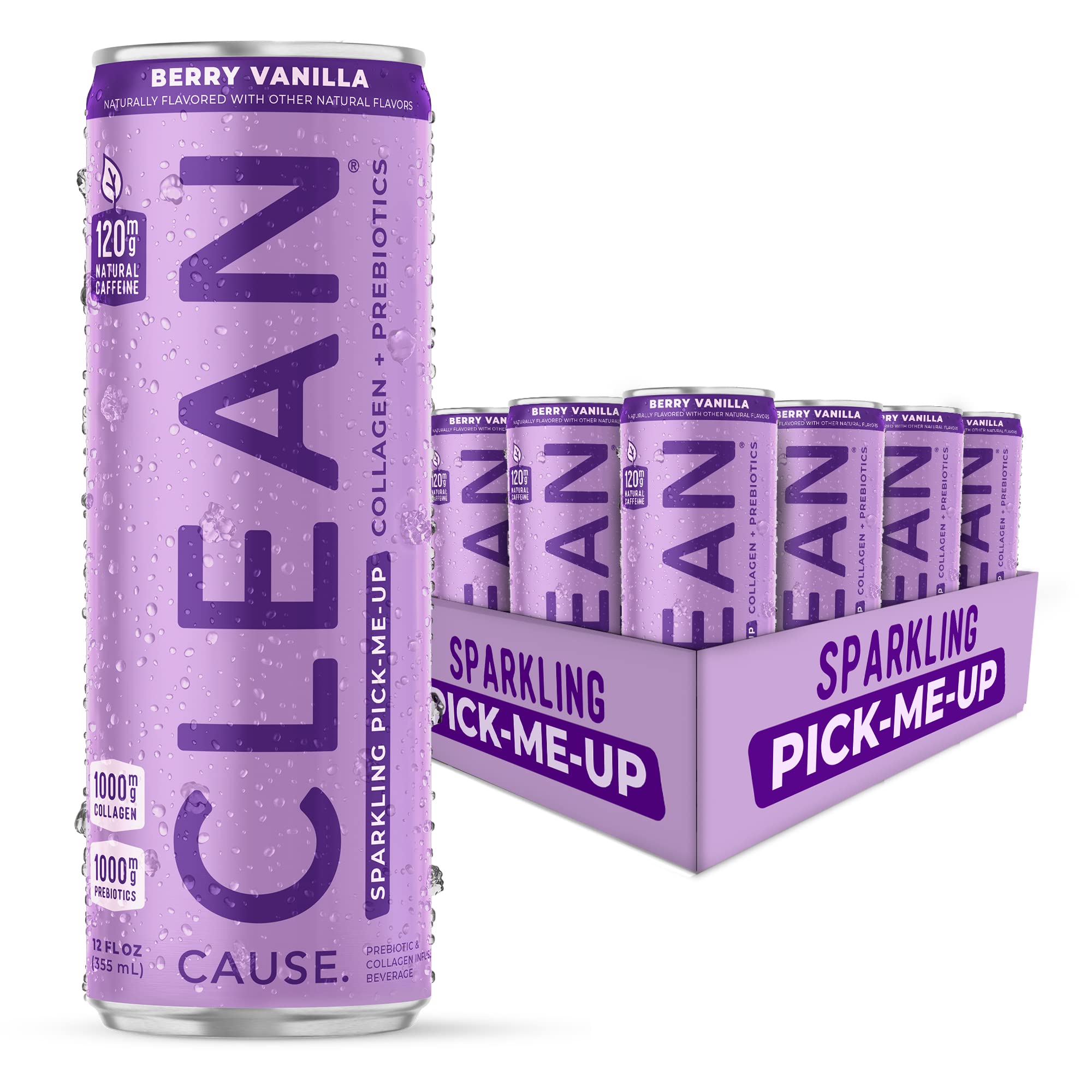 CLEAN Cause Berry Vanilla Sparkling Pick-Me-Up with Prebiotics & Collagen Peptides (12oz cans, 12-Pack Case) Low Sugar, 120mg Caffeine, Healthy