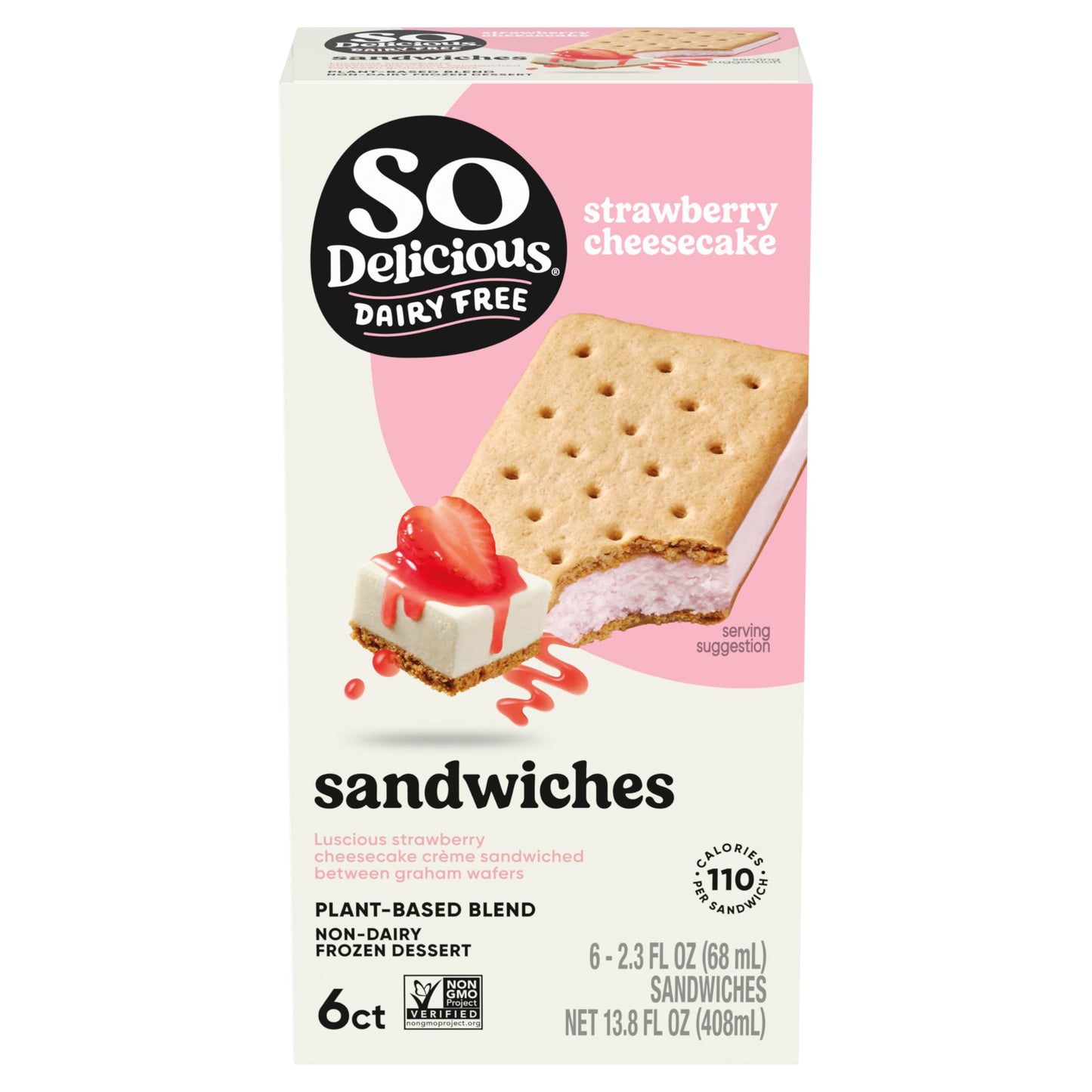 So Delicious Plant Based Blend Frozen Dessert Sandwiches, Strawberry Cheesecake, Dairy Free, Vegan Ice Cream Sandwich Alternative, Non-GMO, Kosher, 6