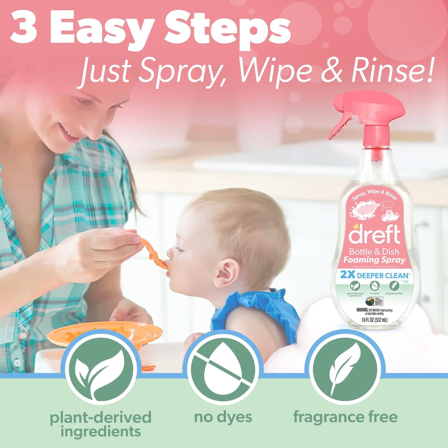 Dreft Foaming Baby Bottle and Dish Cleaning Spray, Plant-Derived Formula, 18 Fl Oz