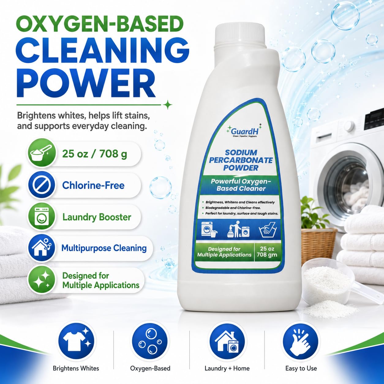 GuardH Sodium Percarbonate Powder - 25 oz | Oxygen-Based Laundry Booster | Natural Stain Remover & Fabric Brightener