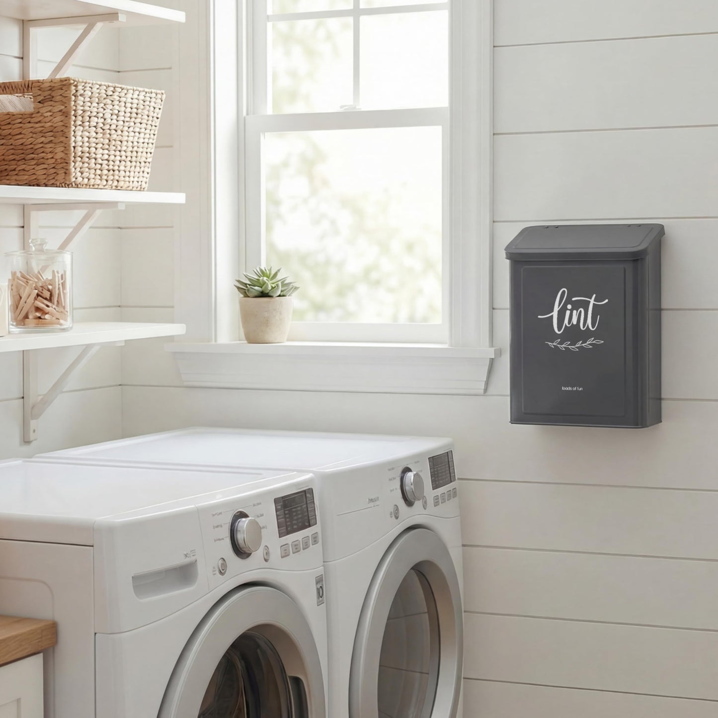 Perfnique Magnetic Lint Bin for Laundry Room with Lint Brush, Wall Mounted Lint Holder Trash can with lid for Dryer, Modern Farmhouse Rustic Metal