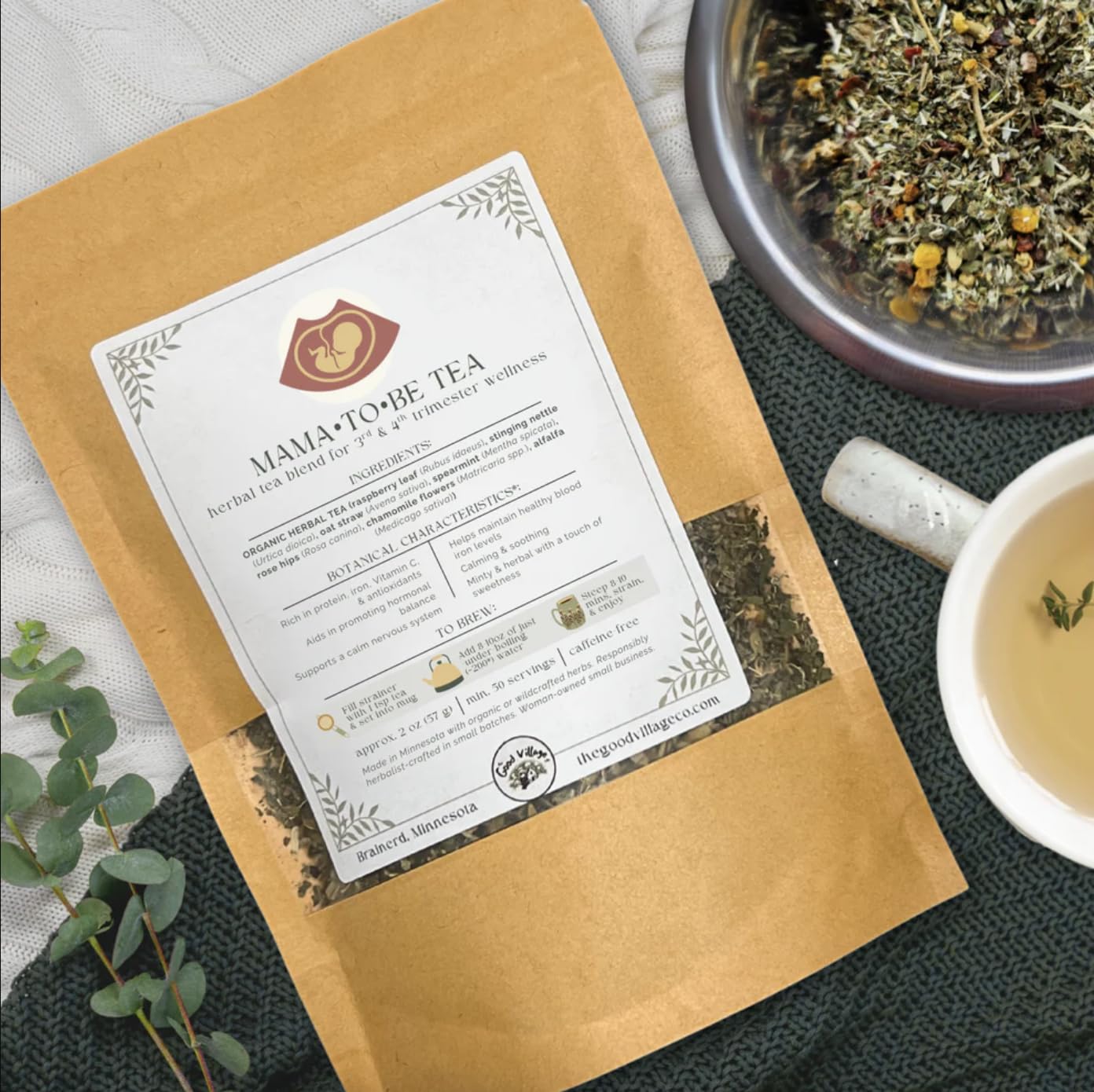 The Good Village Co. Mama To Be Loose-Leaf Herbal Tea Blend, Raspberry Leaf, Nettle & Oat Straw, Caffeine-Free Botanical Herbal Infusion Tea, 2.5 oz