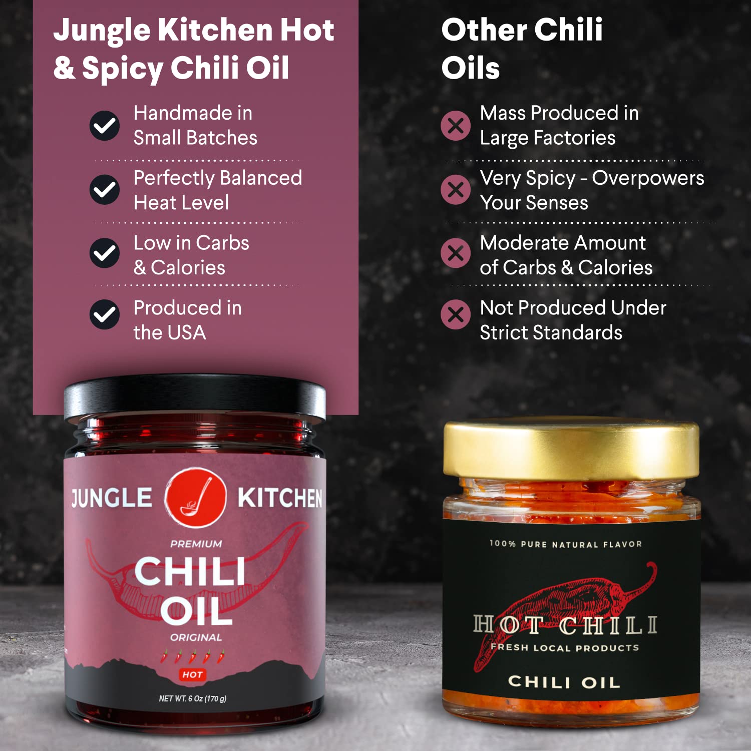 Jungle Kitchen Spicy Crunchy Garlic Chili Oil Vegan & Gluten-Free - Spicy Chili Crisp- Crunchy Garlic Chilli Oil Spicy Great Sauce & Toppings