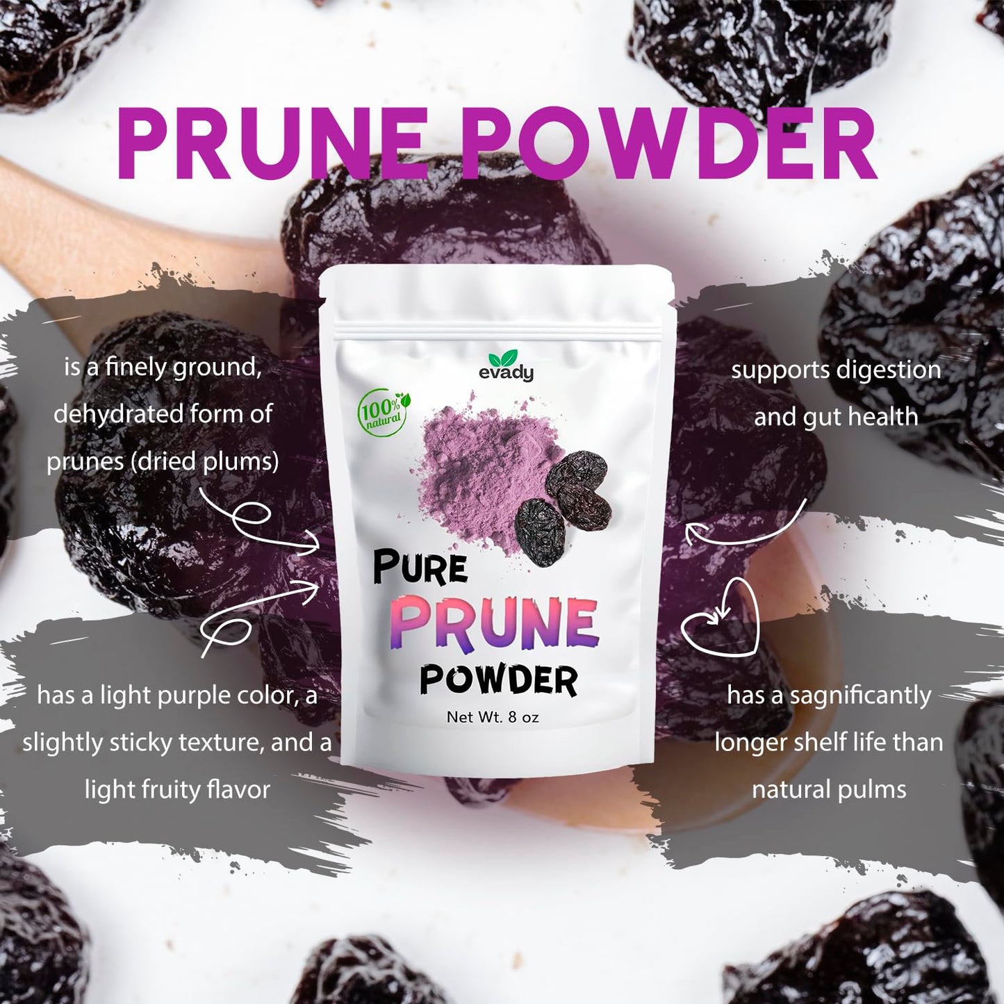 Prune Powder 8 oz, Natural Powder for Beverages, Cooking, High in Fiber & Antioxidants