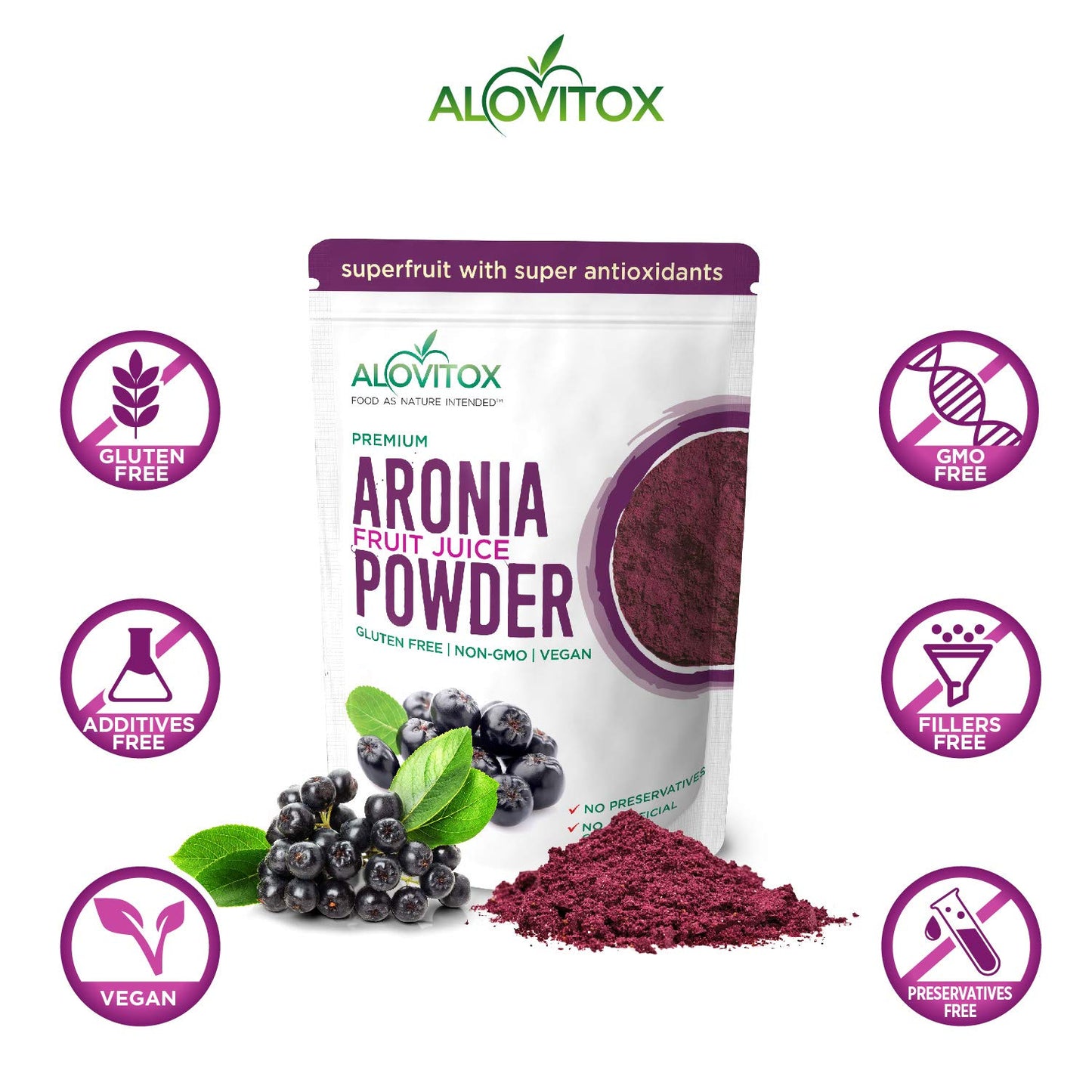 Alovitox Aronia Berry Powder | Antioxidant-Dense Juice Superfood with Dietary Fiber, Vitamins, Calcium, Iron, Boosts Immune System & Reduces Blood