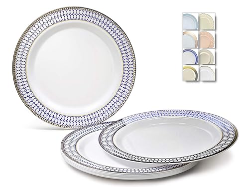" OCCASIONS " 120 Plates Pack, Heavyweight Disposable Wedding Party Plastic Plates (10.5'' Dinner Plate, Odyssey in White/Blue & Gold)