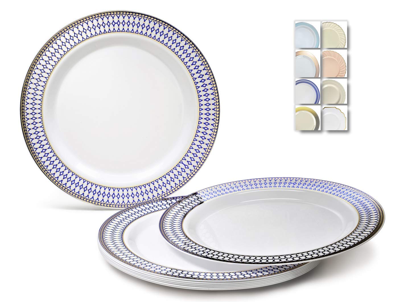 " OCCASIONS " 120 Plates Pack, Heavyweight Disposable Wedding Party Plastic Plates (10.5'' Dinner Plate, Odyssey in White/Blue & Gold)
