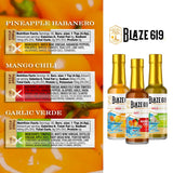 Blaze 619 Gourmet Hot Sauce Gift Set, Pineapple Habanero, Mango Chili, Garlic Verde, All Natural, Gluten Free, Vegan, Low Sodium, 5oz Bottles, 3 Pack