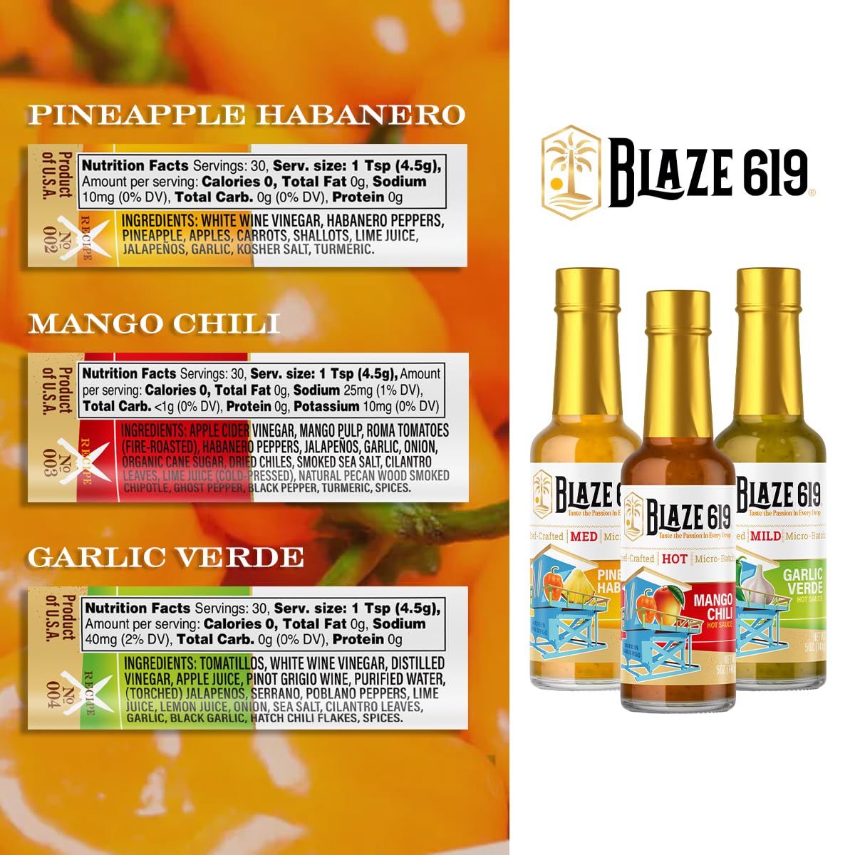 Blaze 619 Gourmet Hot Sauce Gift Set, Pineapple Habanero, Mango Chili, Garlic Verde, All Natural, Gluten Free, Vegan, Low Sodium, 5oz Bottles, 3 Pack