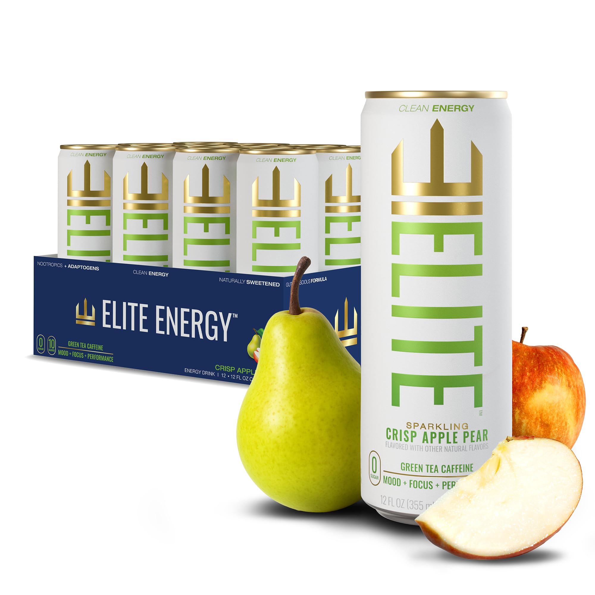 ELITE Energy - Energy Drink Sugar Free - Clean Green Tea Caffeine with L-Theanine - Zero Sugar, 10 Calories, Naturally Sweetened Functional Energy