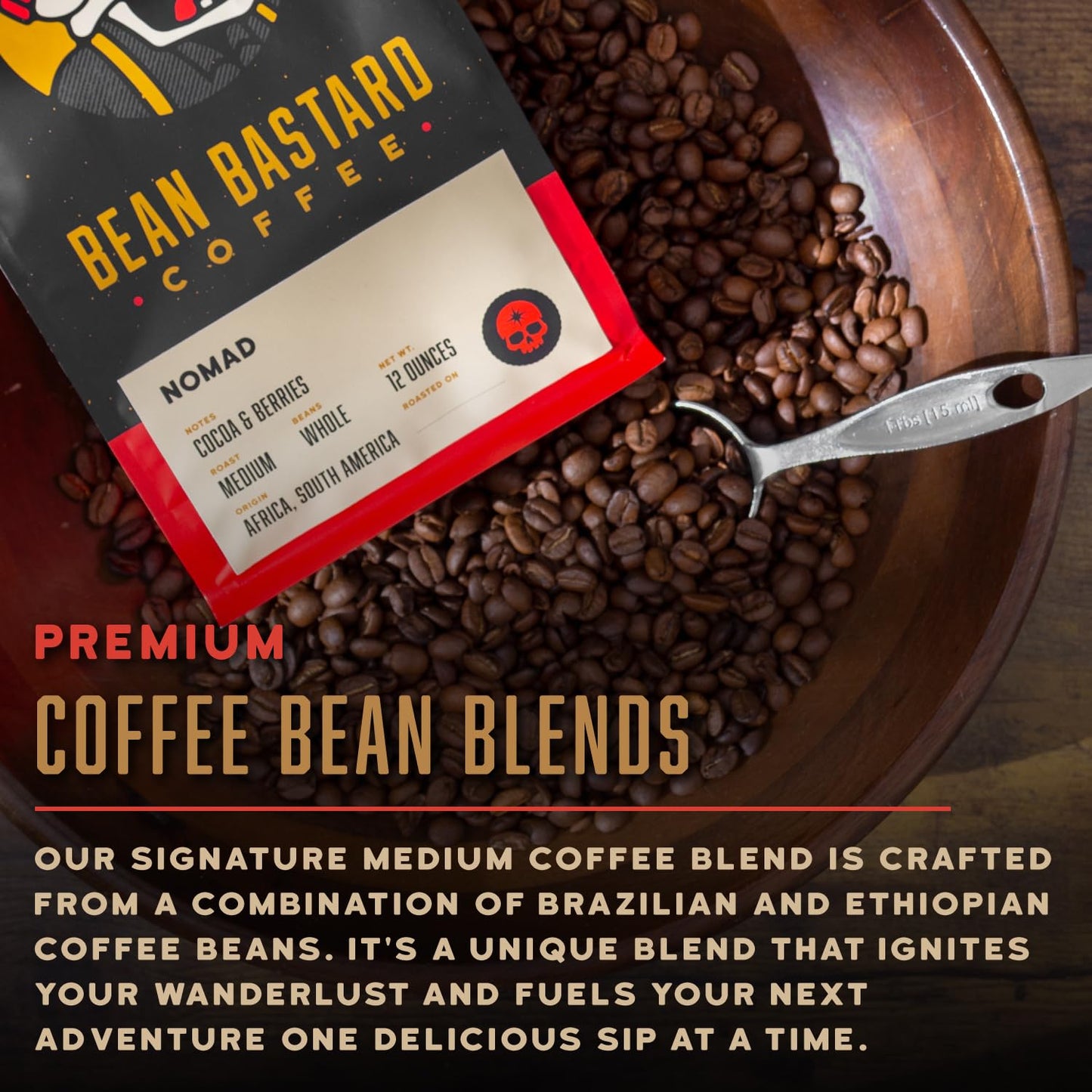 Bean Bastard Coffee NOMAD Blend Medium Roast Coffee Beans | Premium Whole Bean Coffee with Notes of Cocoa and Dried Fruit Punch | Blend of Ethically