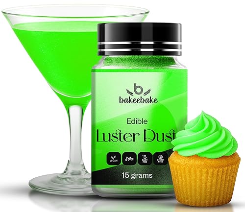 Bakeebake Luster Dust Edible 15g - Edible Glitter for Drinks & Desserts - Gluten Free Edible Green Dust for Cake Decorating - Tasteless Vegan Drink