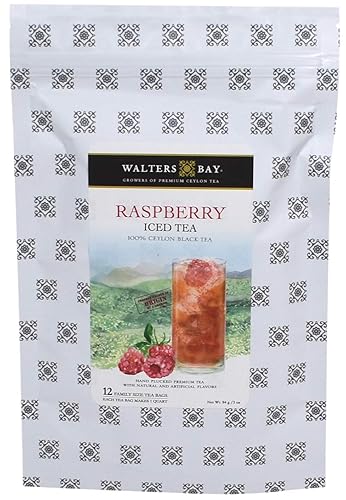 Walters Bay Raspberry Iced Tea, 12 Count, Quart Sized Tea Bags, Ceylon Black Tea, Unsweetened, 100% Hand Plucked, Delicious Raspberry Tart Flavor, Sri